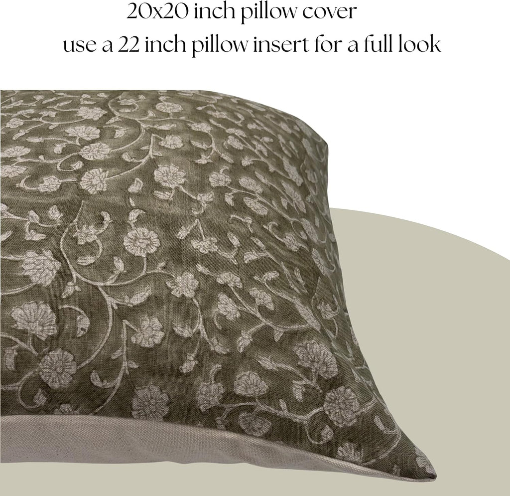 LineandLoop Linen Throw Pillow Covers 20x20 inch Floral Pillows Green Spring Decorative Pillow Covers for Living Room, Bedroom 2 inches cot…