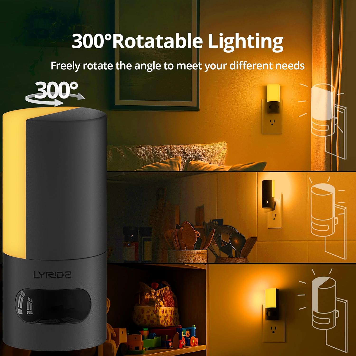 Lyridz Plug-in LED Amber Night Light with Motion Sensor, Rotatable, Dimmable Backlit Nightlight, 1-150lm Adjustable Brightness for…