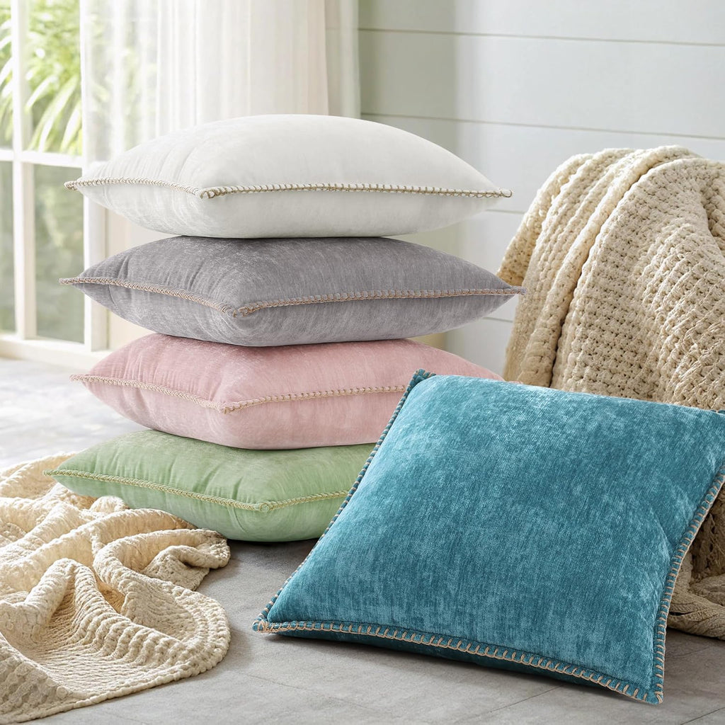 decorUhome Summer Chenille Soft Cozy Throw Pillow Covers 18x18 Set of 2, Modern Farmhouse Boho Velvet Decorative Pillow Cases with Stitched…