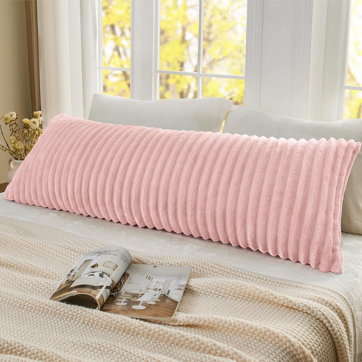 Bedelite Fluffy Faux Fur Body Pillow Cover with Zipper, Luxury Plush 3D Striped Pillow Cover 20x54 Inches, Super Soft and Cozy Long Body Pi…