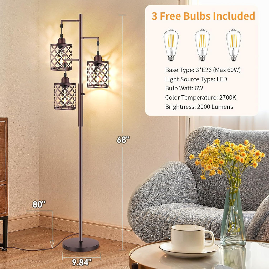 Dimmable Floor Lamp, Farmhouse Standing Lamp with Elegant Metal Cage, Industrial Tall Tree Floor Lamps for Living Room, Bedroom, Study…
