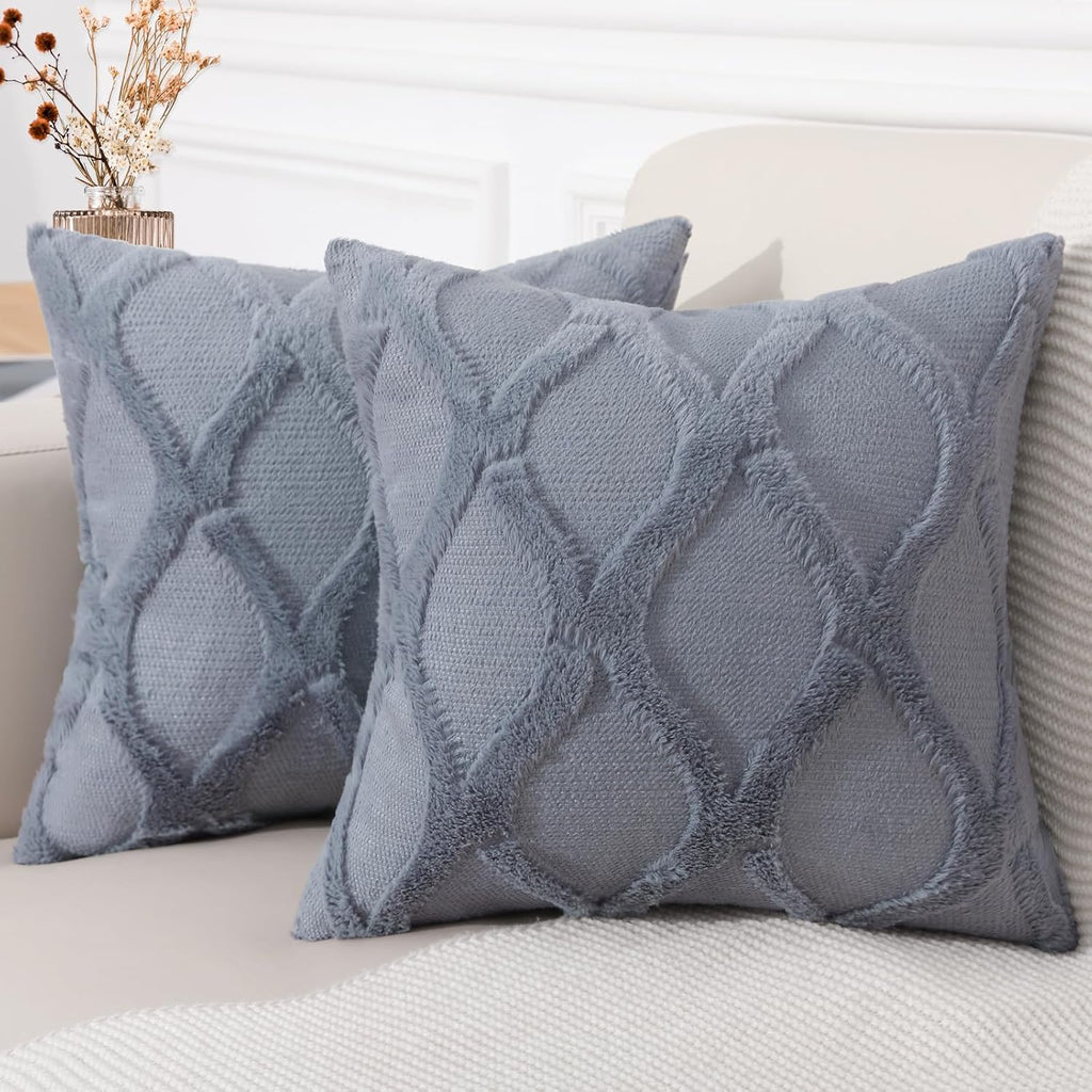 decorUhome Summer Euro Sham Throw Pillow Covers 22x22 Inch Set of 2, Soft Plush Faux Fur Wool Blue Grey Accent Couch Pillow Covers for Mode…