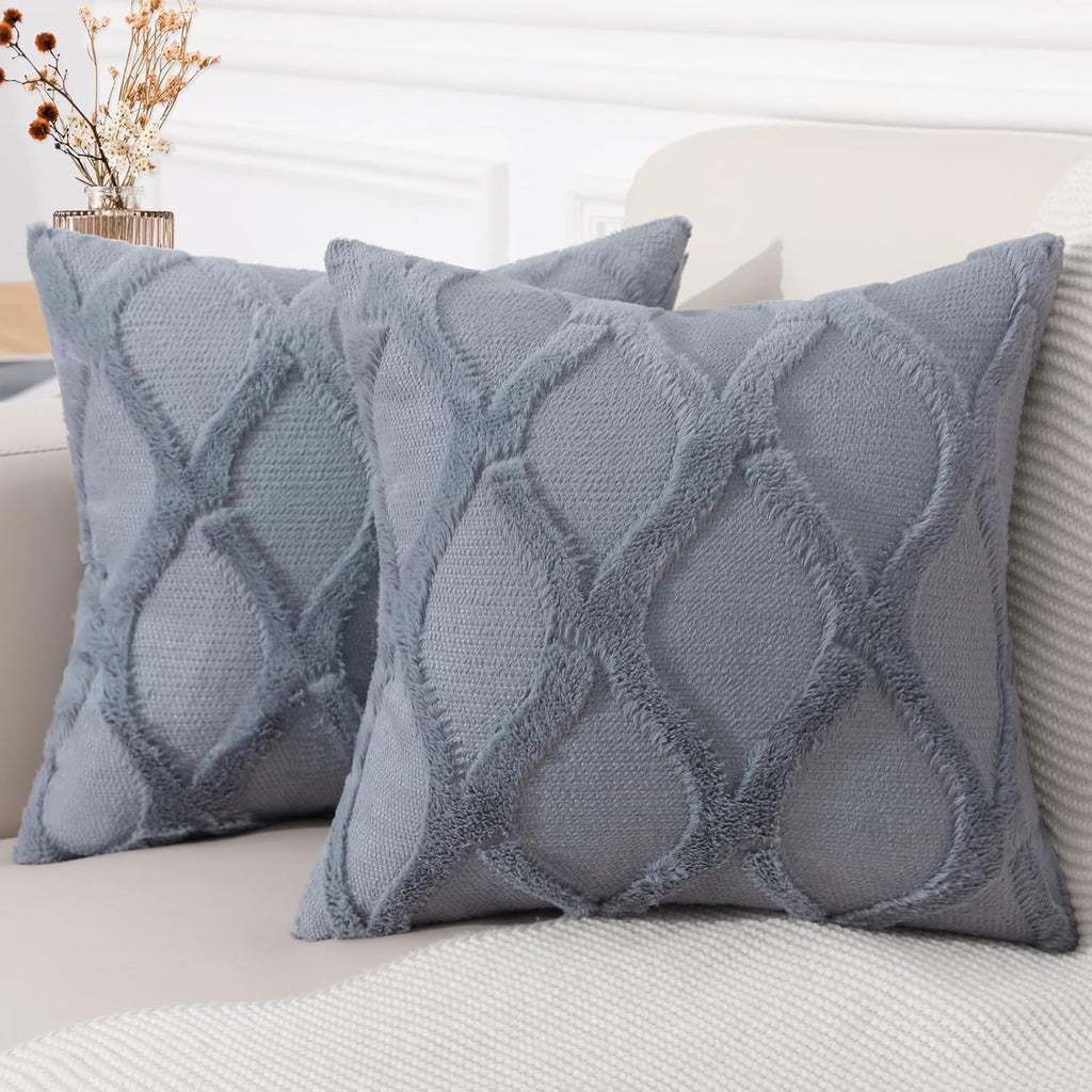 decorUhome Summer Throw Pillow Covers 18x18 Inch Set of 2, Soft Plush Faux Fur Wool Blue Grey Accent Couch Pillow Covers for Modern Farmhou…
