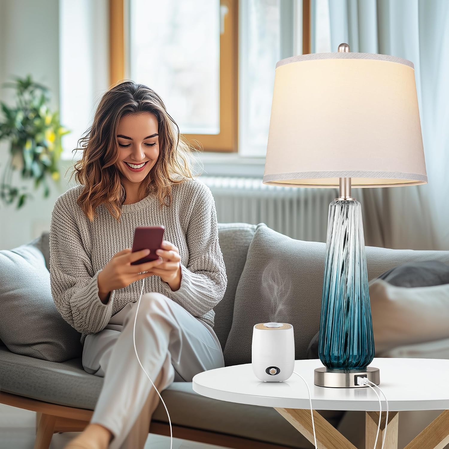 Glass Table Lamps for Living Room, Modern Bedside Lamps with USB A+C Ports, 3-Way Dimmable Touch Control Nightstand Lamp with White Linen…