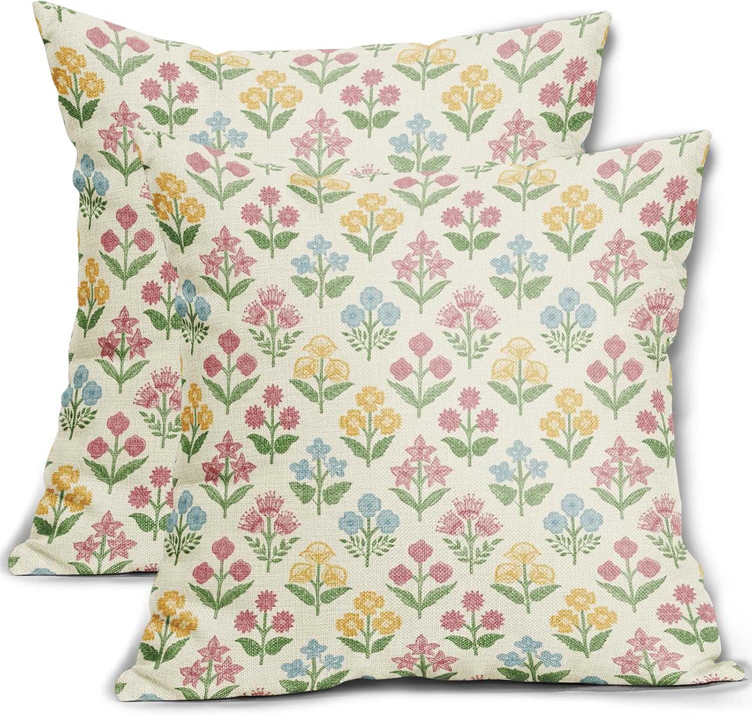 Spring Floral Block Print Pillow Covers 24x24 Inch Set of 2, Easter Decoration Pink Yellow Blue Flower Decorative Throw Pillowcases…