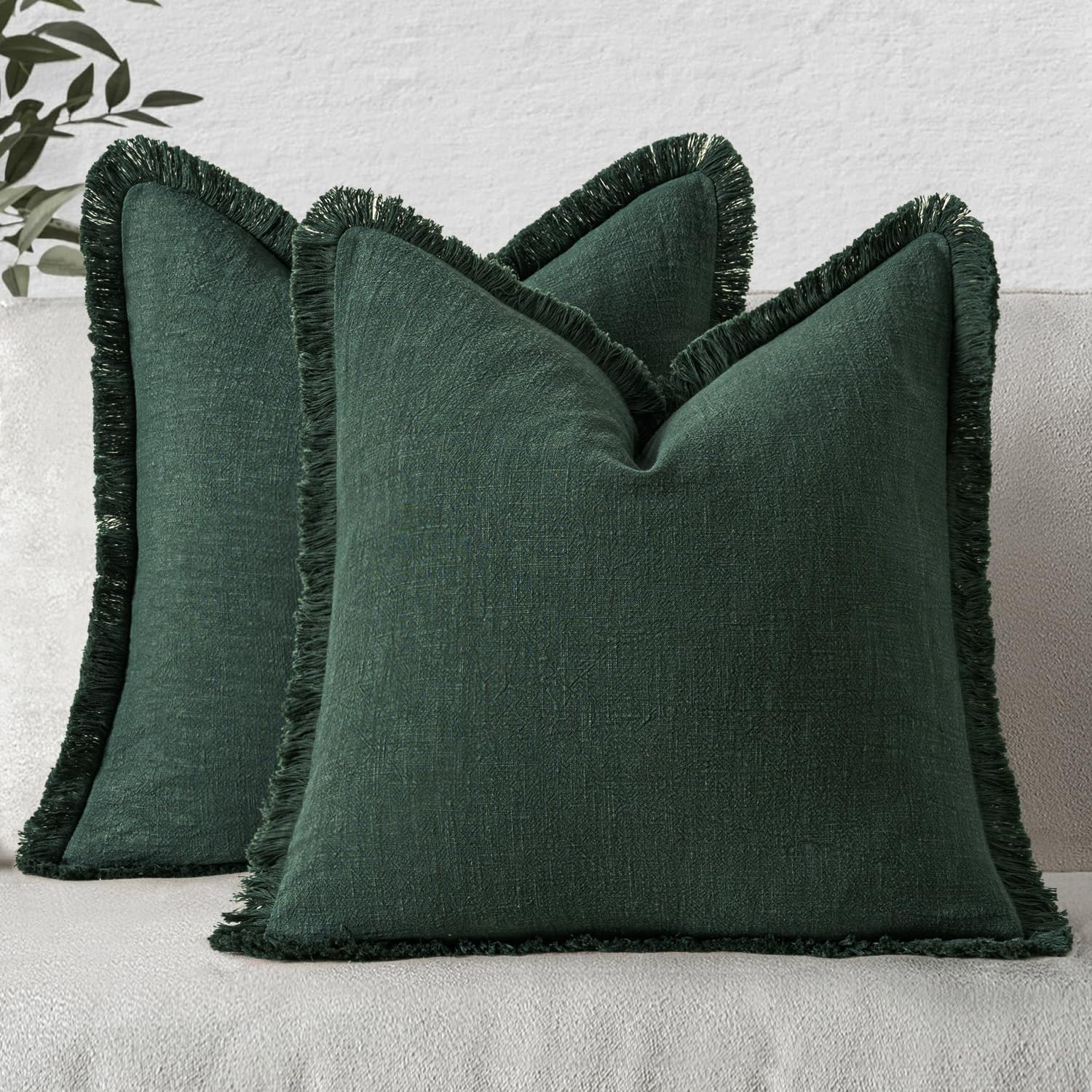 Miulee Decorative Throw Pillow Covers Neutral Linen Fringe Throw Pillows Set of 2 Army Green Boho Farmhouse Cushion Covers with Tassels for…