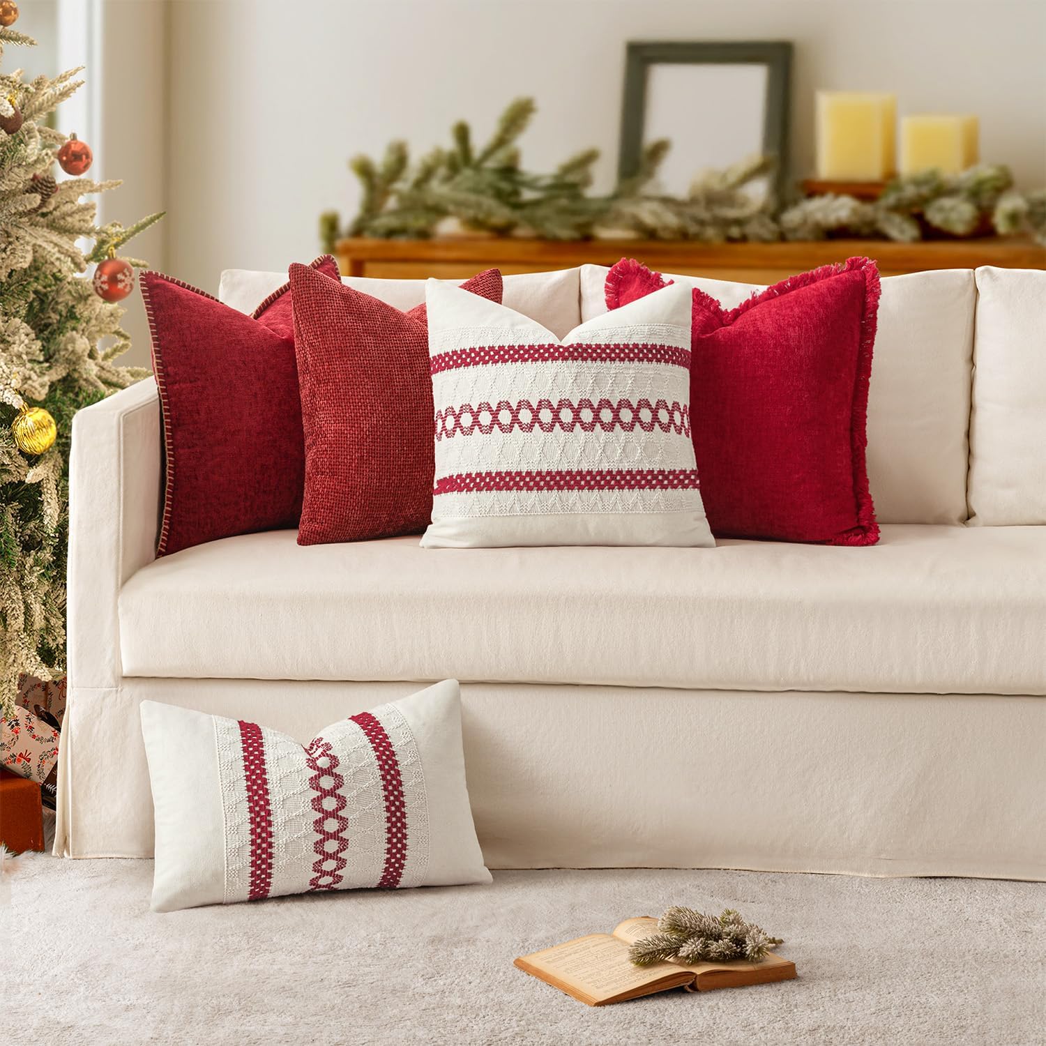 Miulee Pack of 2 Lumbar Throw Pillow Covers 12x20 Inch Red Farmhouse Decorative Pillow Covers with Stitched Edge Soft Chenille Solid Dyed P…