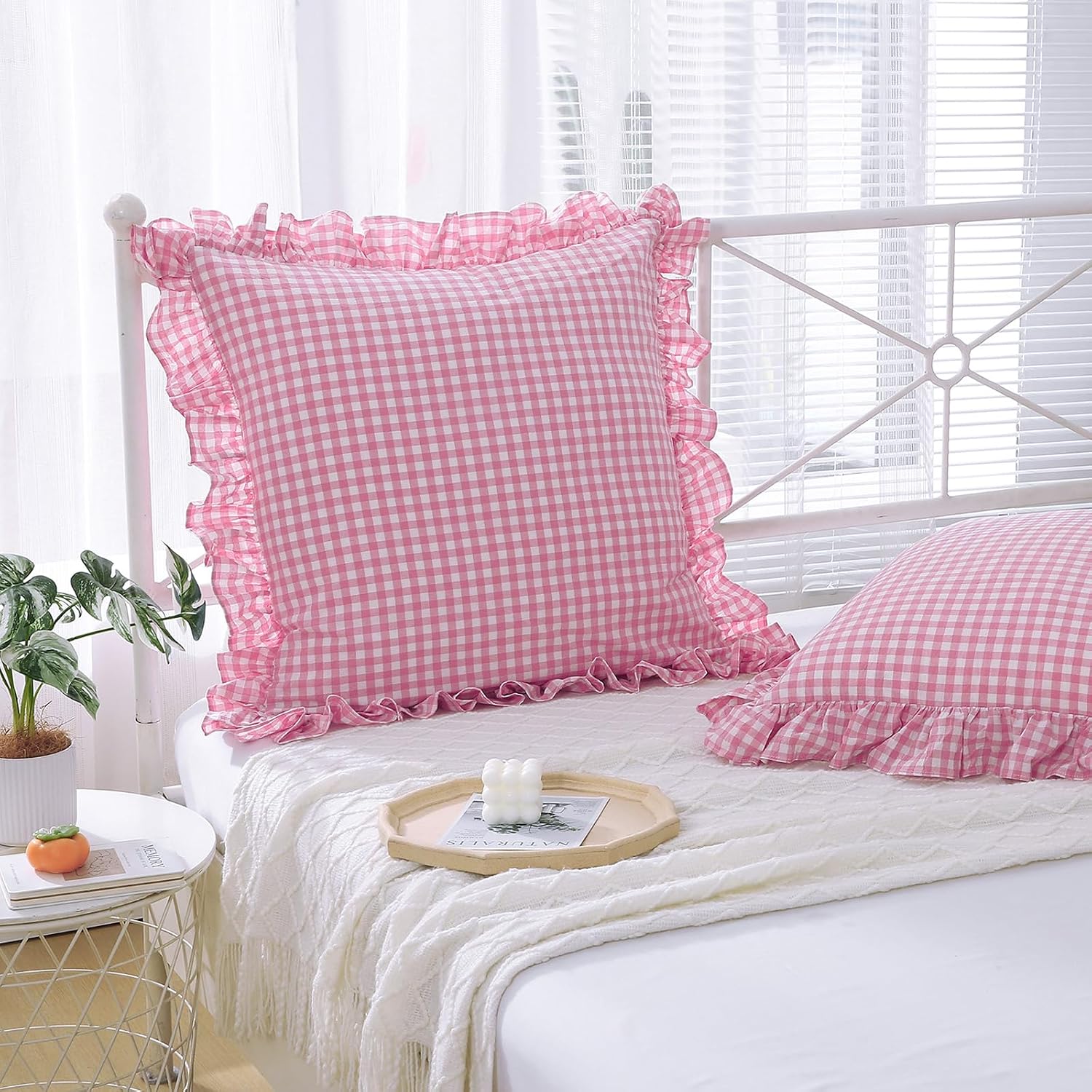 2 Pack Pink White Plaid Gingham Ruffle Euro Pillow Sham Covers, 100% Yarn-Dyed Washed Cotton Girls Lovely Checkered Farmhouse Pillow…