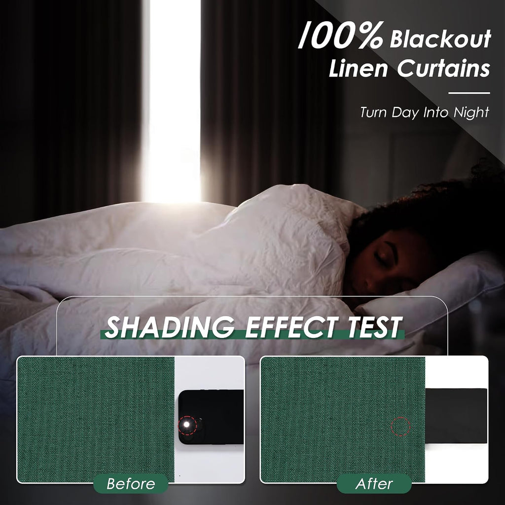Nanspring Dark Green 100% Blackout Linen Curtains for Bedroom 90 Inches Long Back Tab Thermal Insulated Vintage Boho Decor Black Out Curtai…