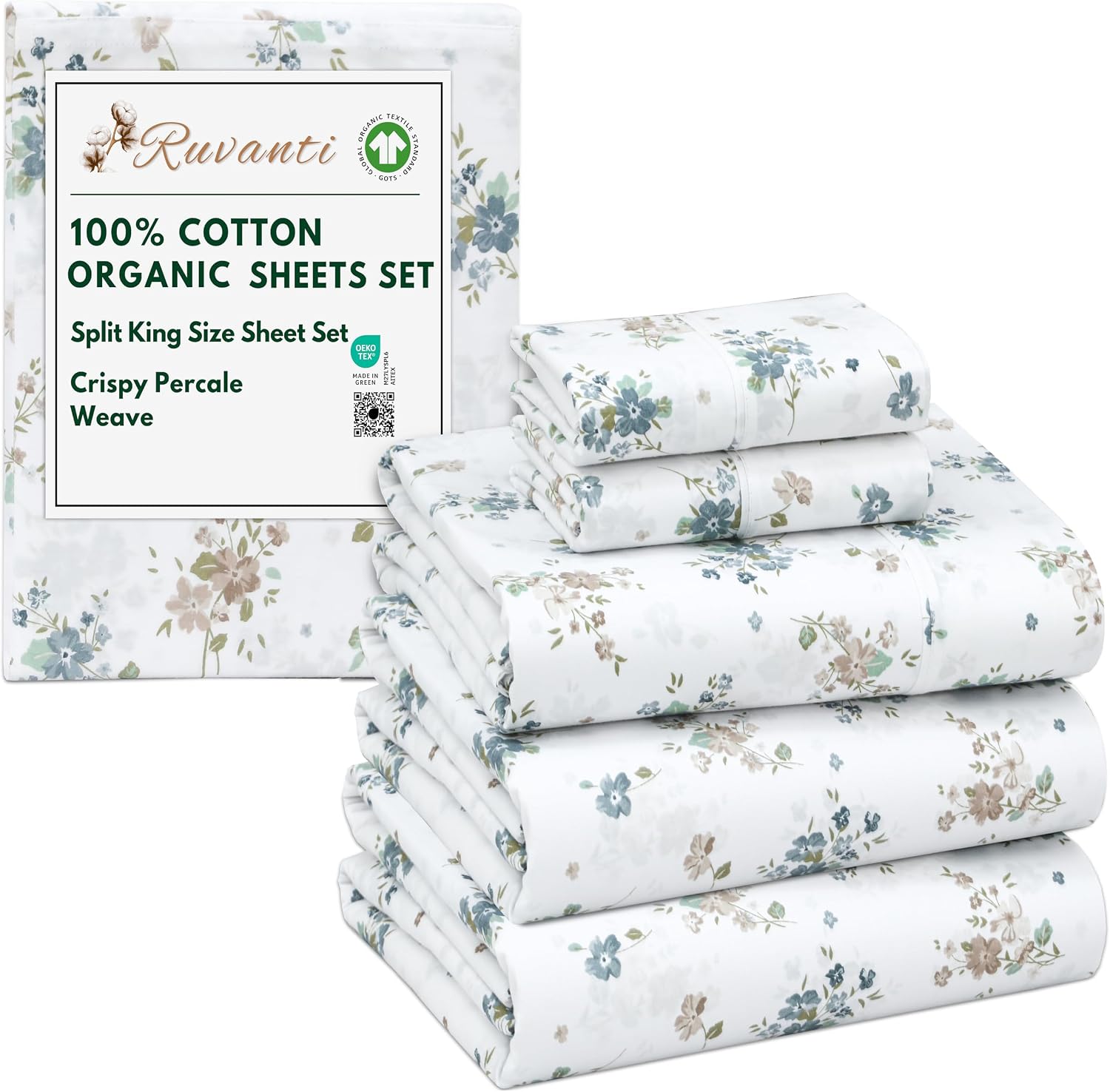 Ruvanti 100% Cotton Organic Percale Sheets Split King Size – Crisp Cooling Bed Sheets for Hot Sleepers, Deep Pocket 15”, Soft Peach Finish,…