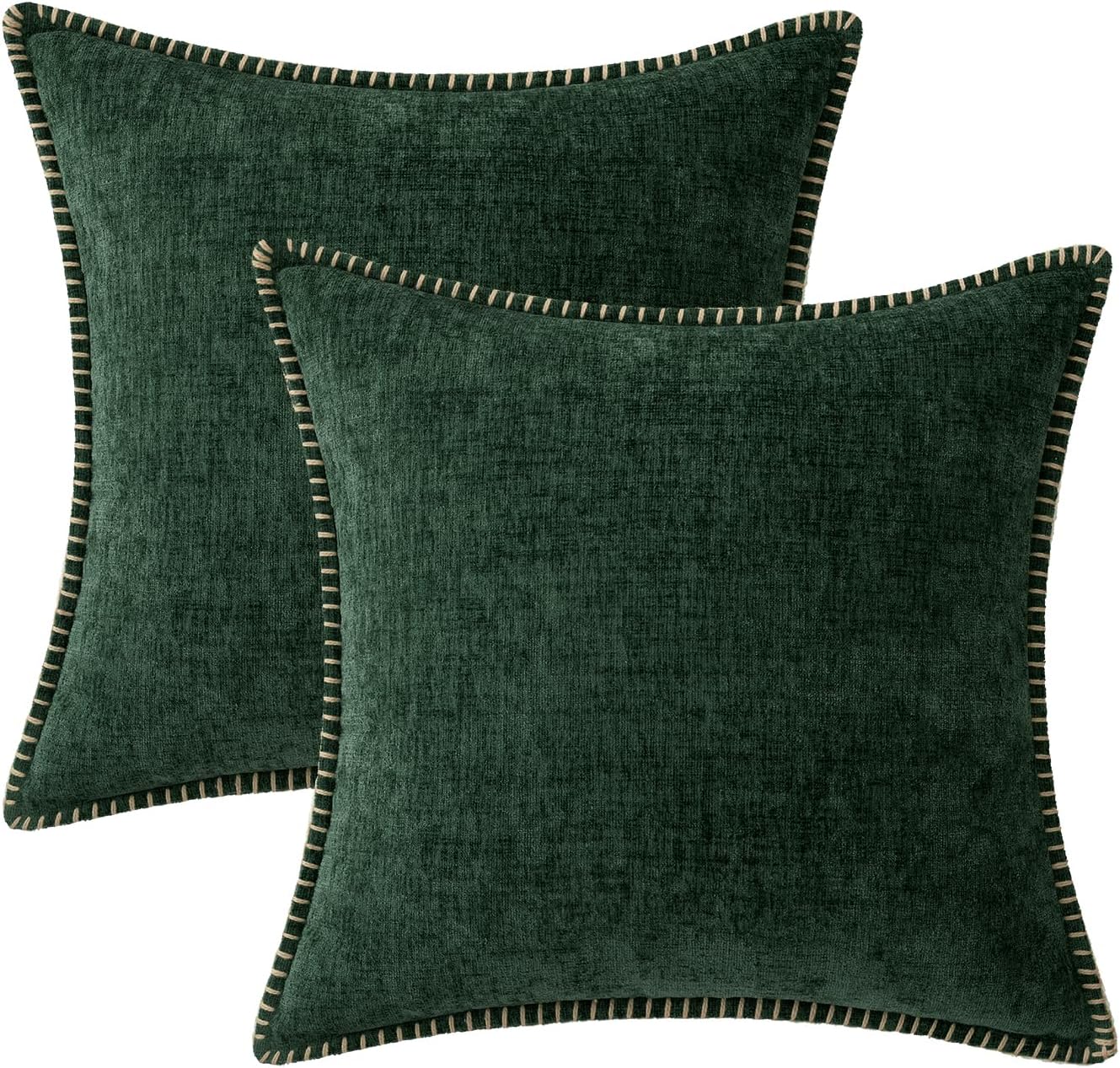 Miulee Pack of 2 Pillow Covers 18x18 Inch Dark Green Farmhouse Decorative Throw Pillow Covers with Stitched Edge Soft Chenille Solid Dyed C…