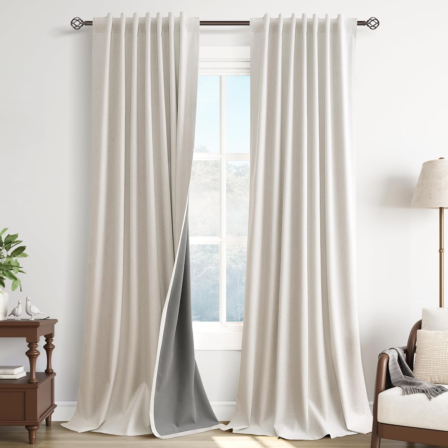 Guken Cream Natural 100% Blackout Linen Bedroom Curtains 100 Inches Long 2 Panel Sets Back Tab Beige Farmhouse Black Out Room Darkening The…