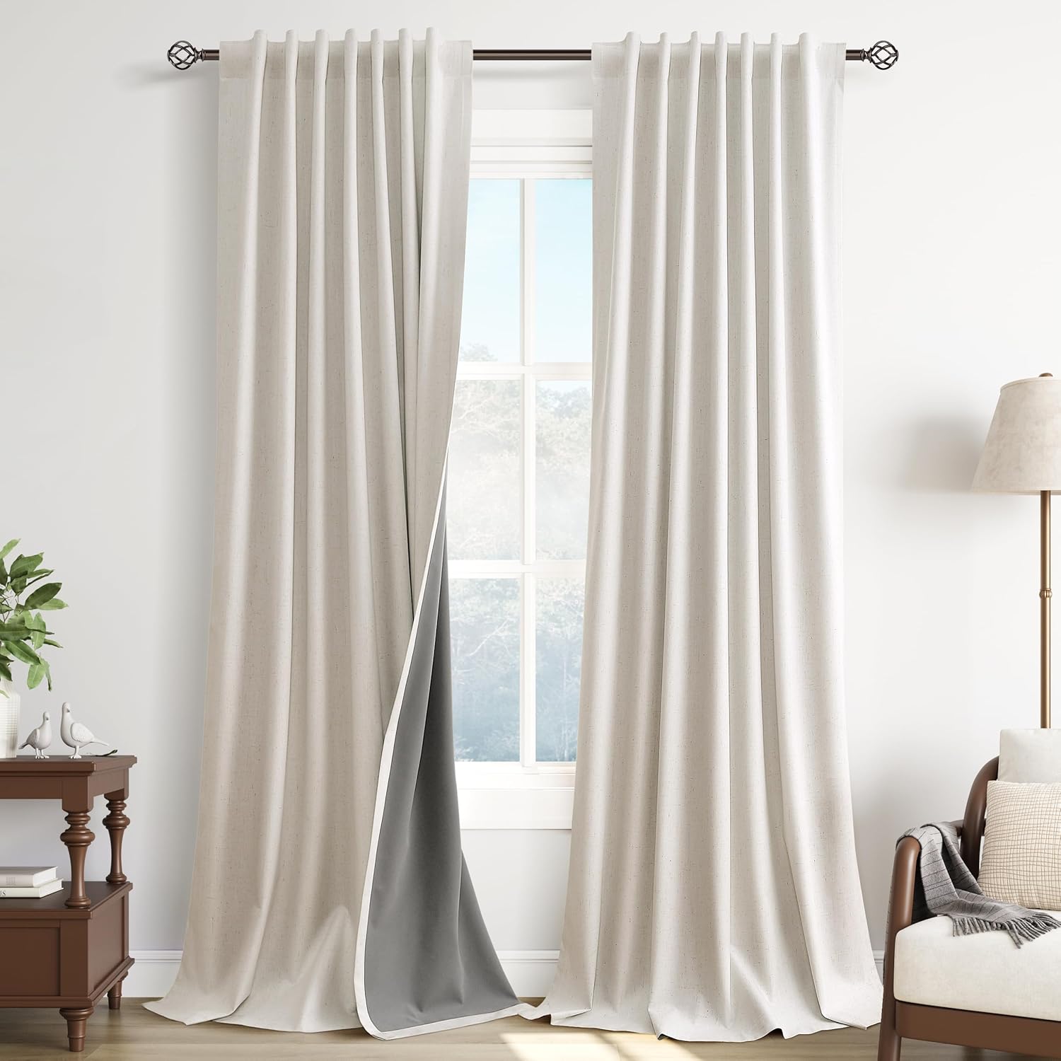 Guken Cream Natural 100% Blackout Linen Curtains for Bedroom 96 Inches Long 2 Panel Set Black Out Thermal Insulated Room Darkening Patio Sl…