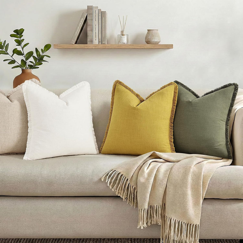 decorUhome Summer Decorative Neutral Linen Fringe Euro Sham Throw Pillow Covers Set of 2 Mustard Yellow Pillow Covers with Tassels Soft Far…