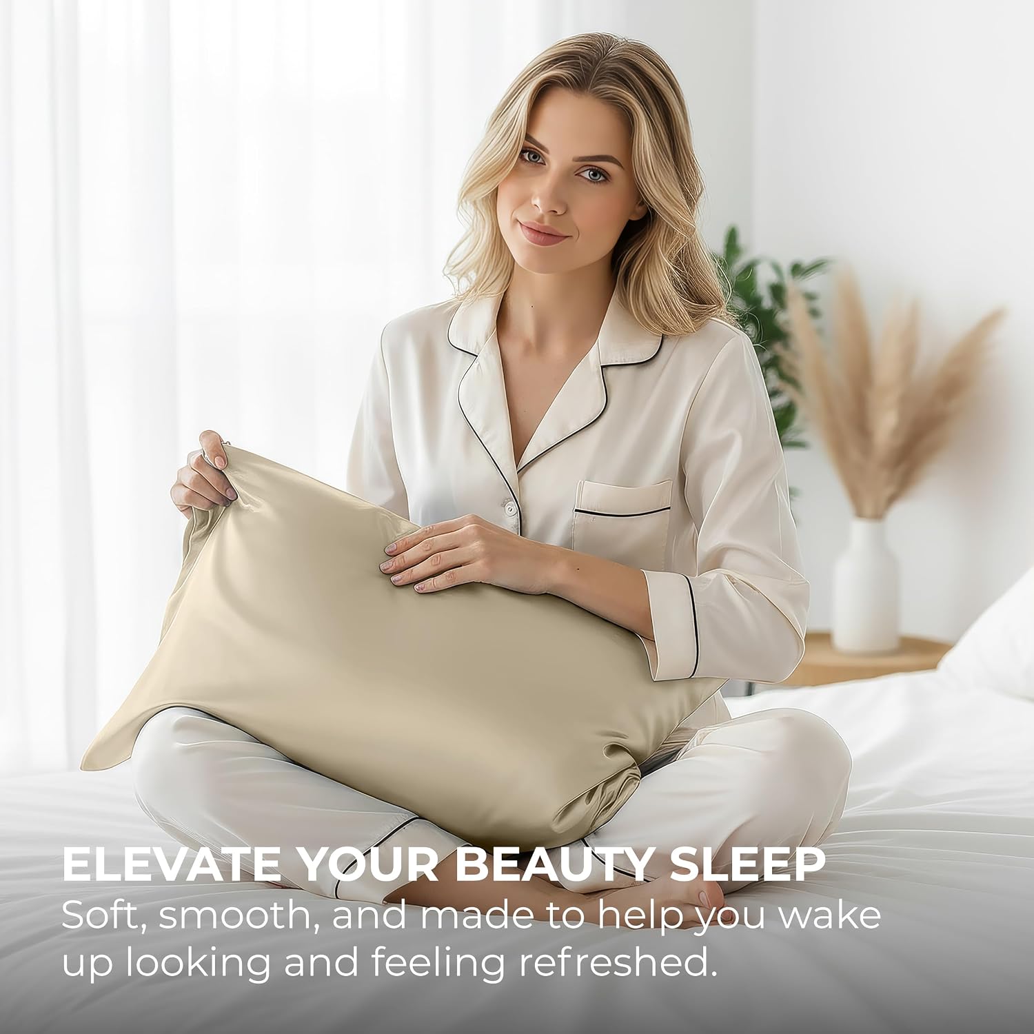PureBedding Pure Bedding Satin Pillowcase 2 Pack - King Size (20"x40", Ivory) - Silky Pillow Cases for Hair and Skin - Satin Pillow Covers…