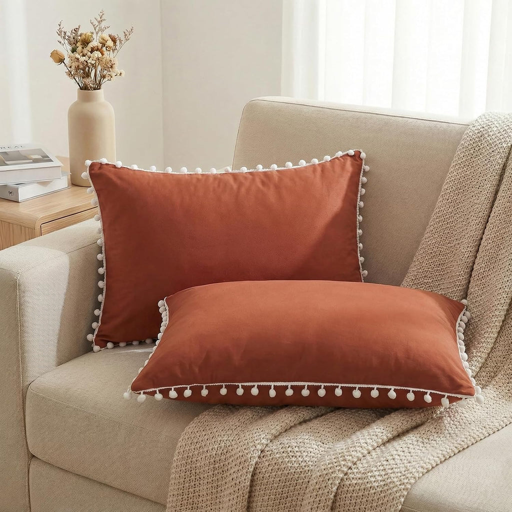 Moveover Brick Red Pom Poms Pillow Cases, Boho Pillowcases Set of 2, 100% Soft Washed Microfiber, Rust Pillow Shams King, 2 Pack 2 Pack Red
