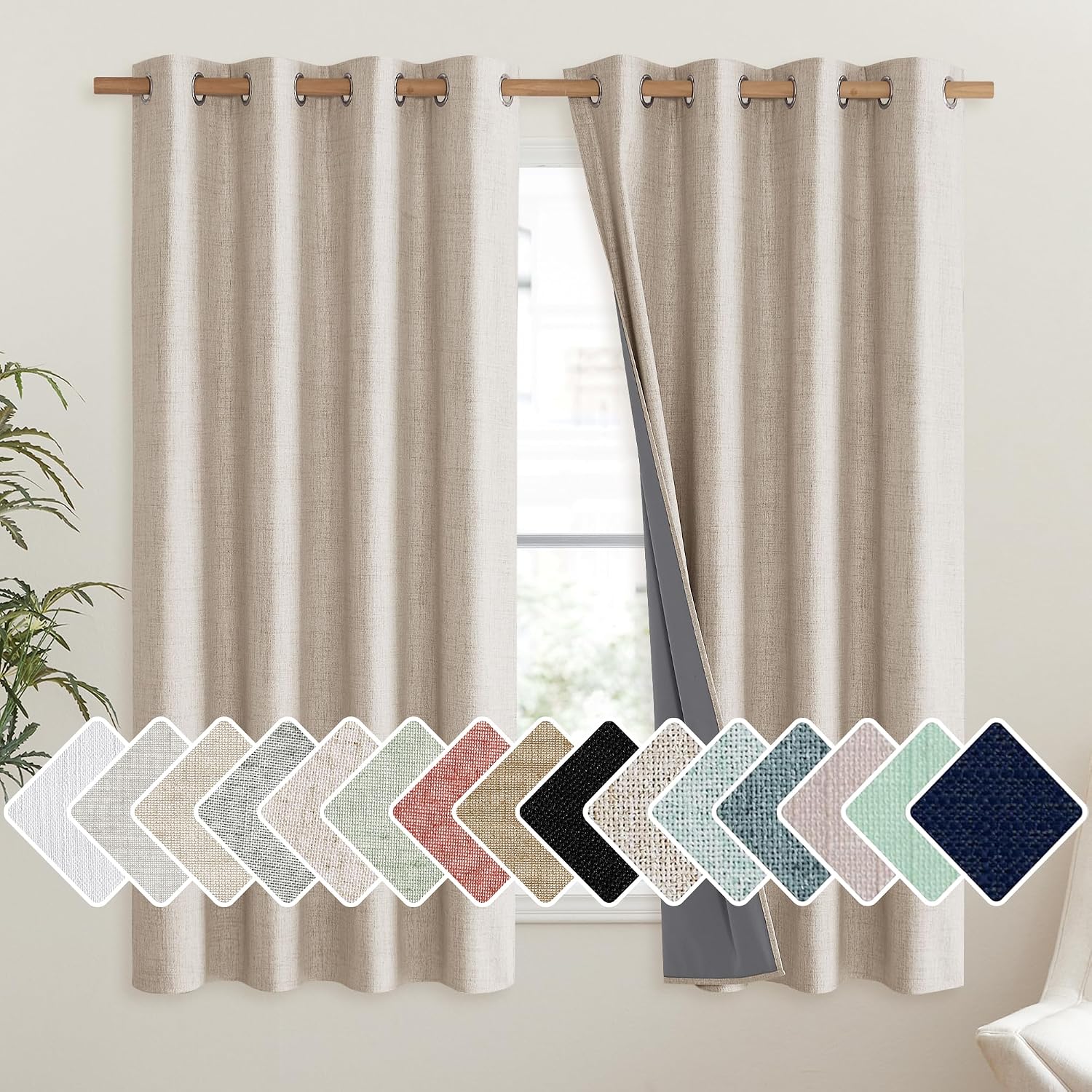 NICETOWN Cream Linen Complete Blackout Curtains 48 inches for Kids Room, 2 Panels, Thermal Insulated & Noise Reducing Window Draperies…