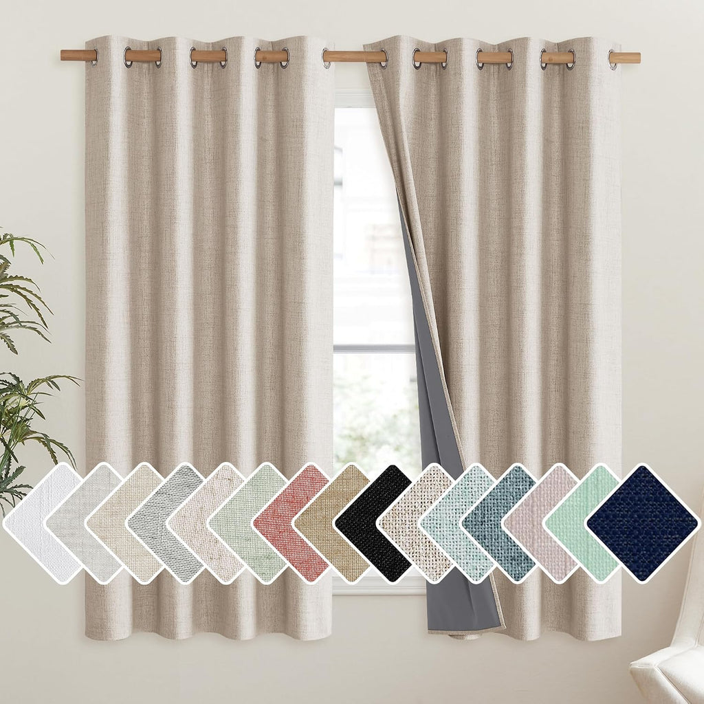 NICETOWN Cream 100% Blackout Linen Curtains 45 inch Long Burg for Living Room, 1 Pair, 52" Width Each Panel, Farmhouse Thick Completely…