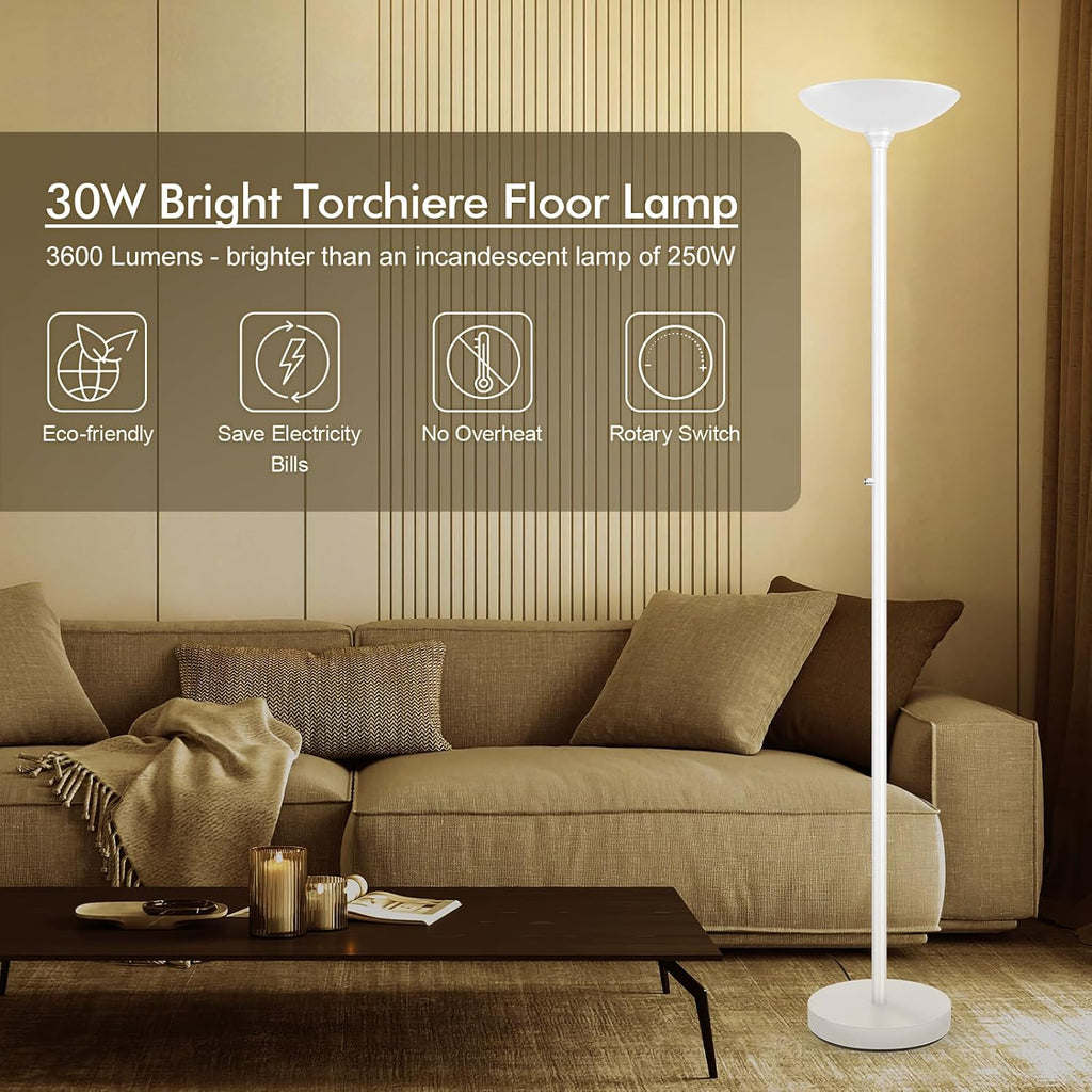 Home 30W Torchiere Floor Lamp - 3600LM Super Bright LED Floor Lamp, 71 Inch Stepless Dimmable Standing Lamp with 3000K Lighting, Rotary Swi…