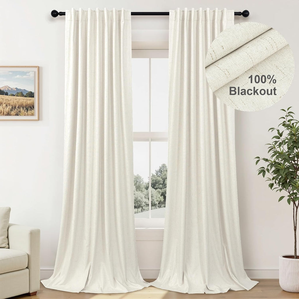 Pitalk 100 Inch Curtains Blackout for Bedroom Cooling Black Out Large Window Linen Look Custom Length 100 Inches Long Neutral Cream Colored…