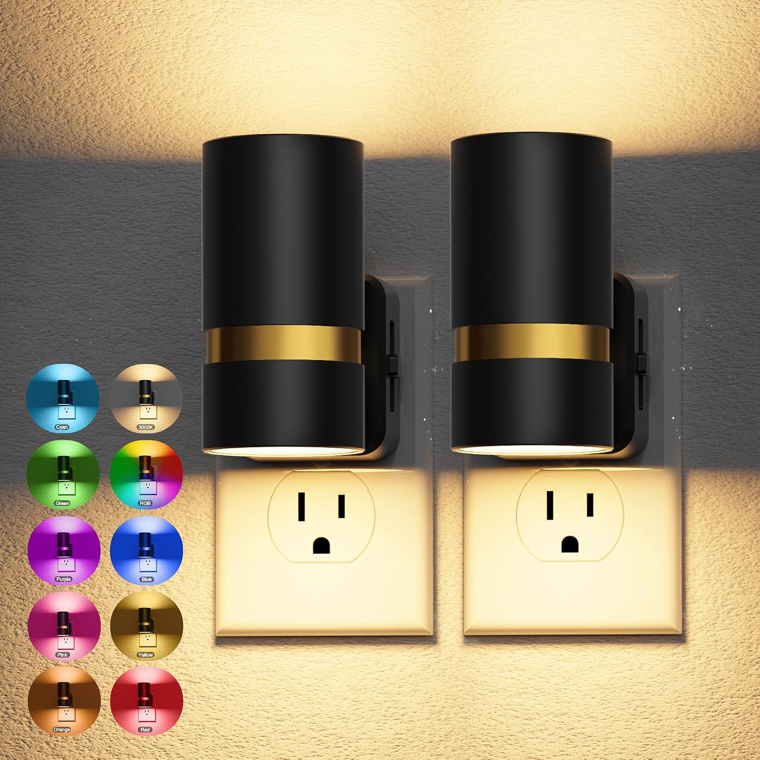 JandCase Night Lights Plug into Wall,2 Pack 10-Color Change RGB Night Light with Dusk to Dawn, 10/25/50/75/100LM Dimmable Plug in LED…