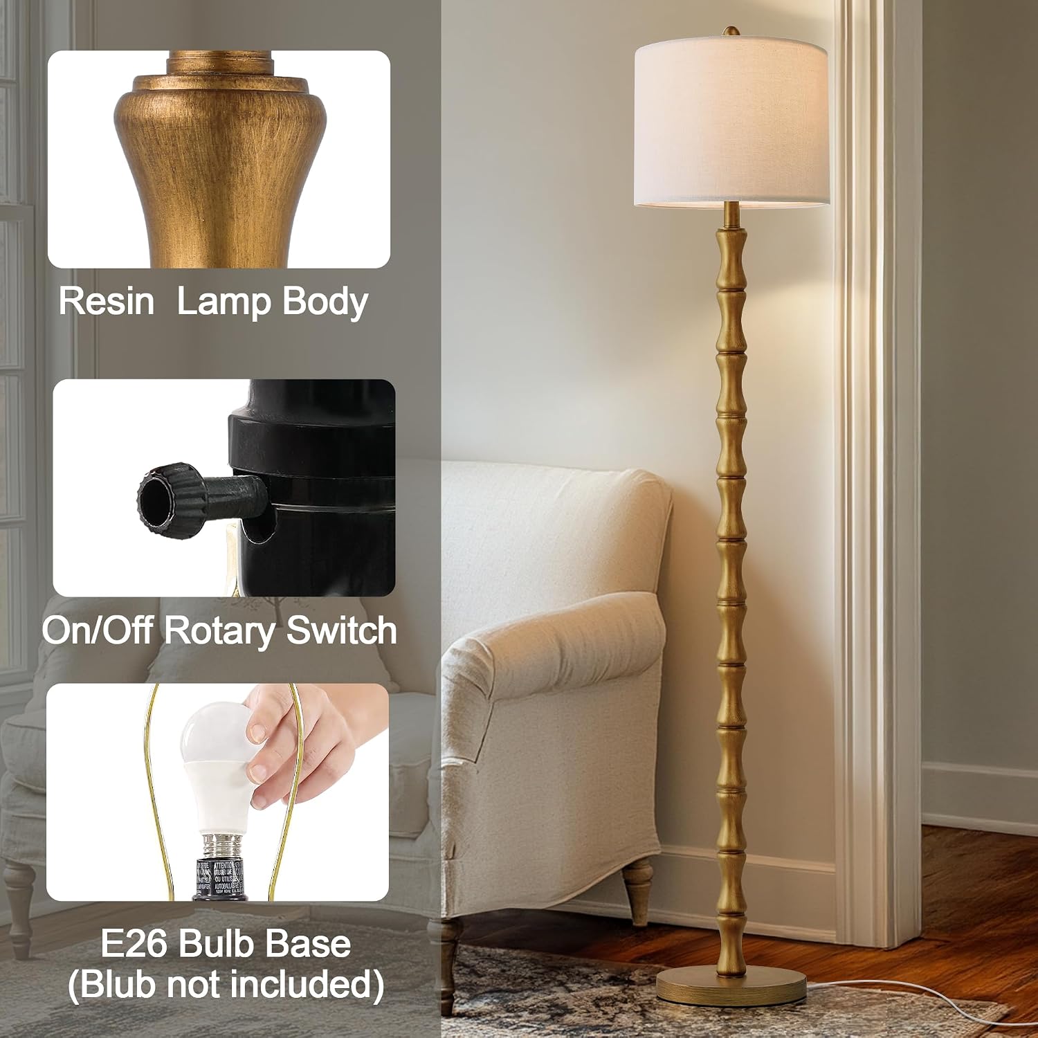 BOBOMOMO 62" Rustic Floor Lamp, Retro Farmhouse Standing Lamp with Rotary Switch, Resin Antique Gold Floor Lamp for Living Room, Bedroom…