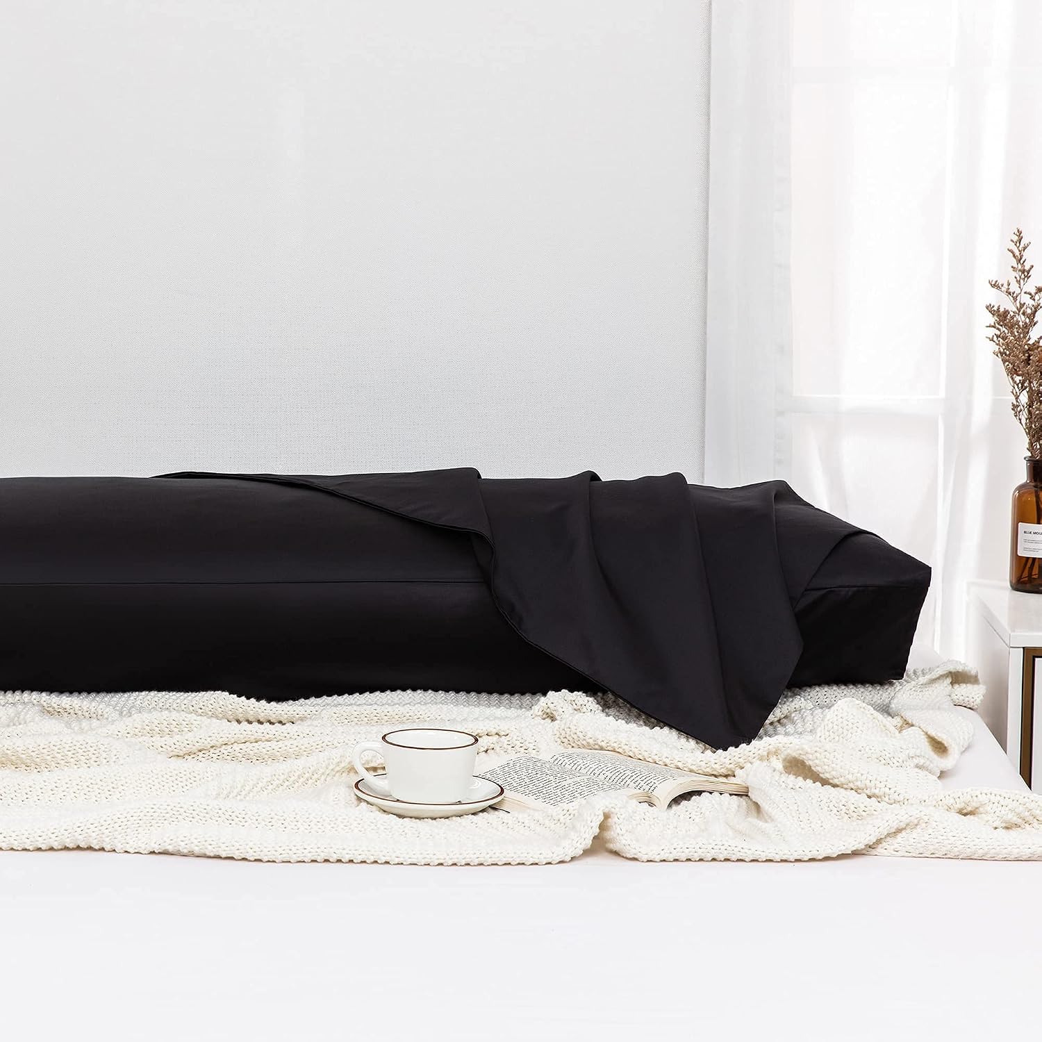Leeden Body Pillow Cover, 100% Cotton, 800 Thread Count, Soft Breathable Long Pillow Case, Envelope Closure (Black, 21"x 54") Cotton Black
