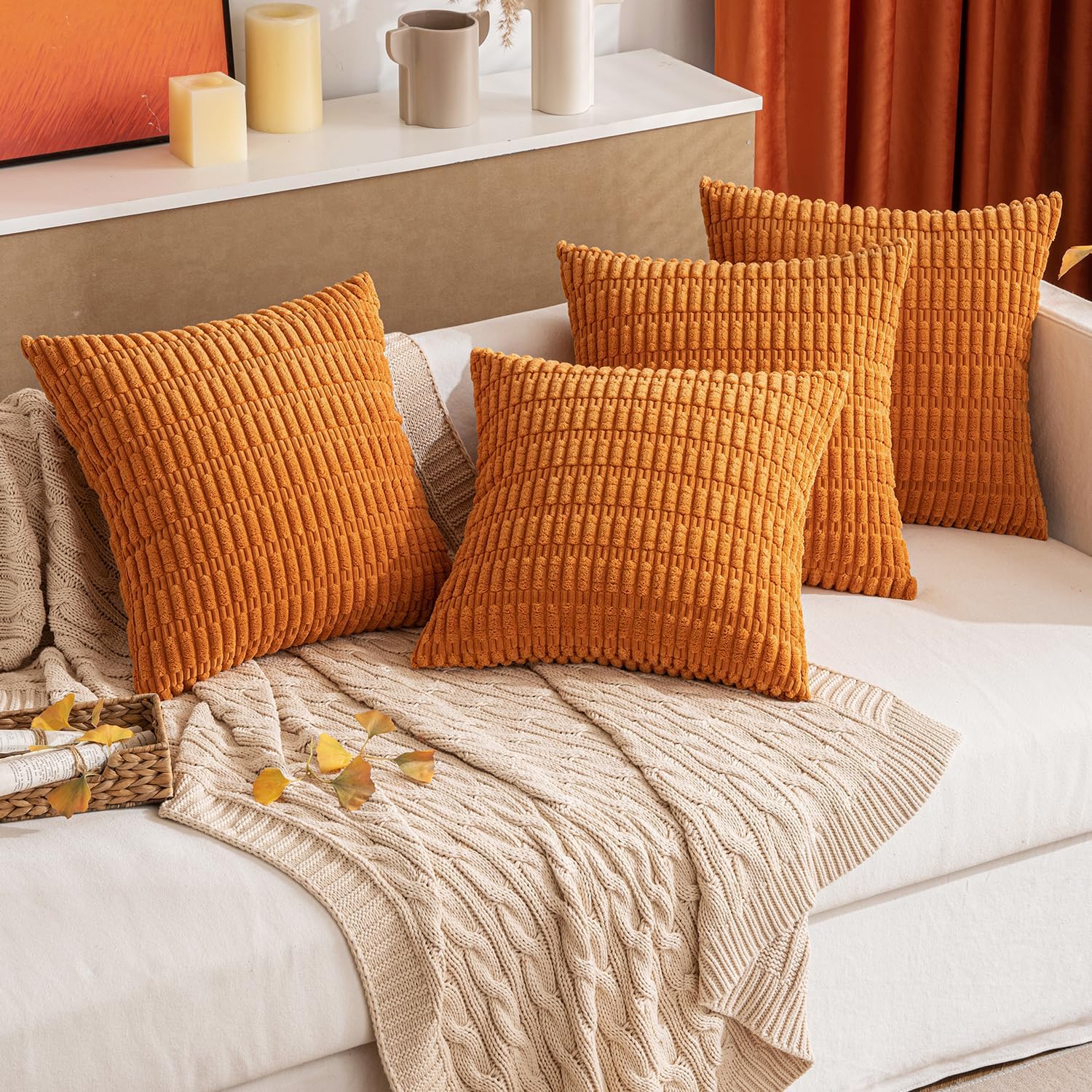 Miulee Pack of 2 Burnt Orange Corduroy Decorative Pillow Covers 18x18 Inch Soft Boho Striped Throw Pillow Covers Modern Farmhouse Home Deco…