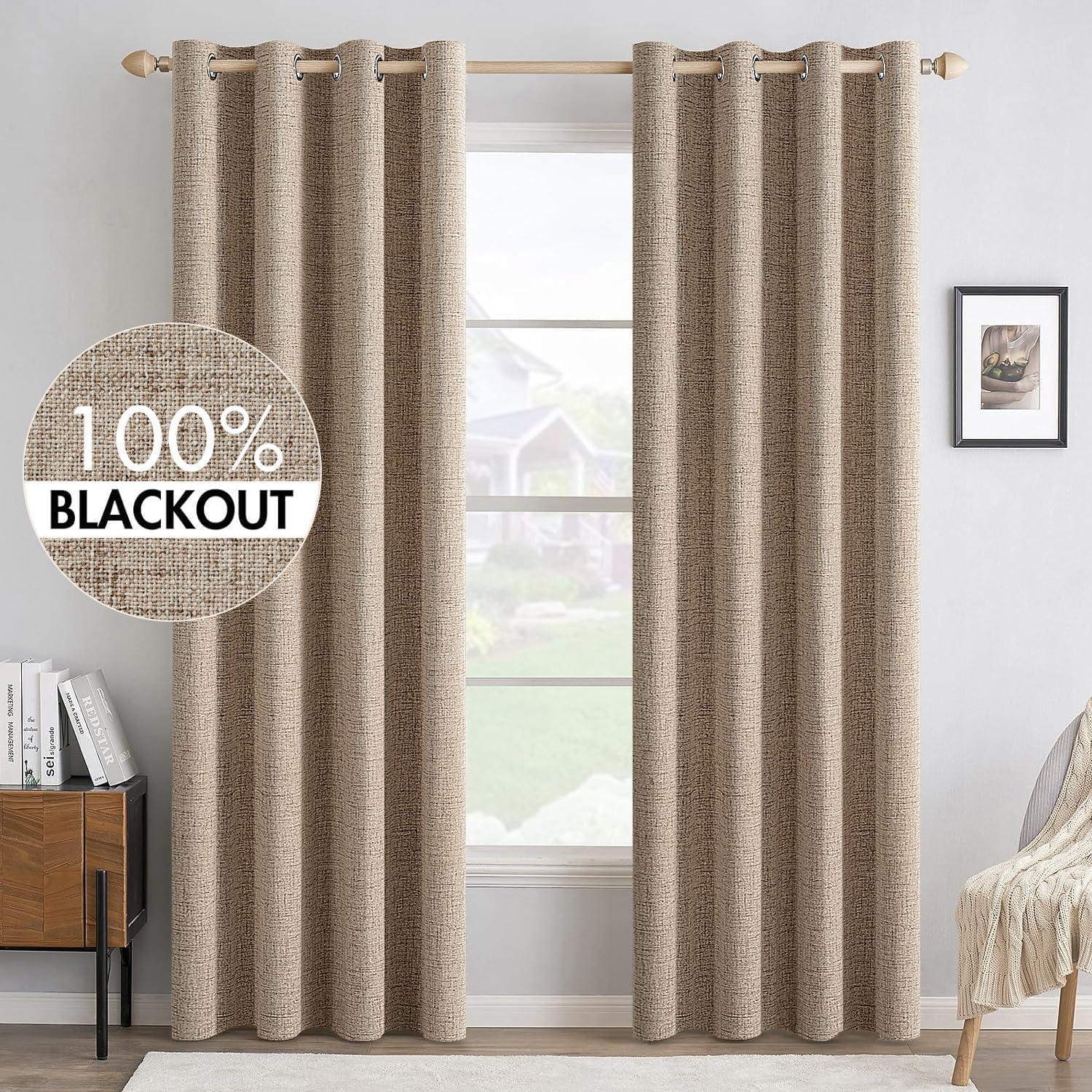 Miulee 100% Blackout Linen Textured Curtains for Bedroom Solid Thermal Insulated Copper Brown Grommet Room Darkening Curtains & Drapes Luxu…