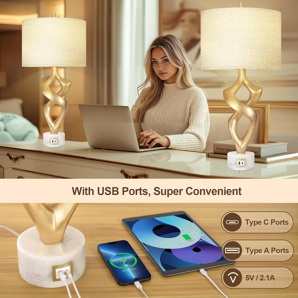 Scenekoy Sculptural Resin Table Lamp Set of 2 with USB Ports for Bedroom Living Room, 31” Big Gold Leaf Marble Base Bedside Lamps, Pull…