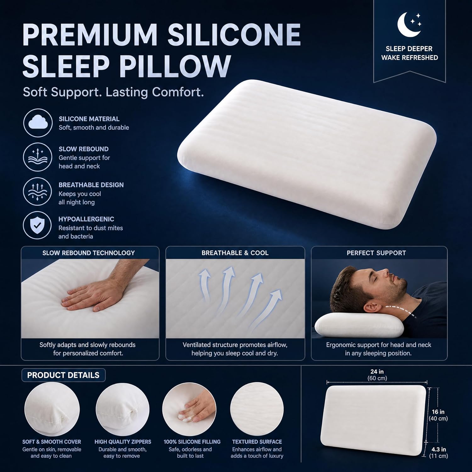 Wave Silicone Pillow for Sleeping, Cooling Ergonomic Neck Support Pillow with High Resilience Medium Firm Support, Breathable Washable…