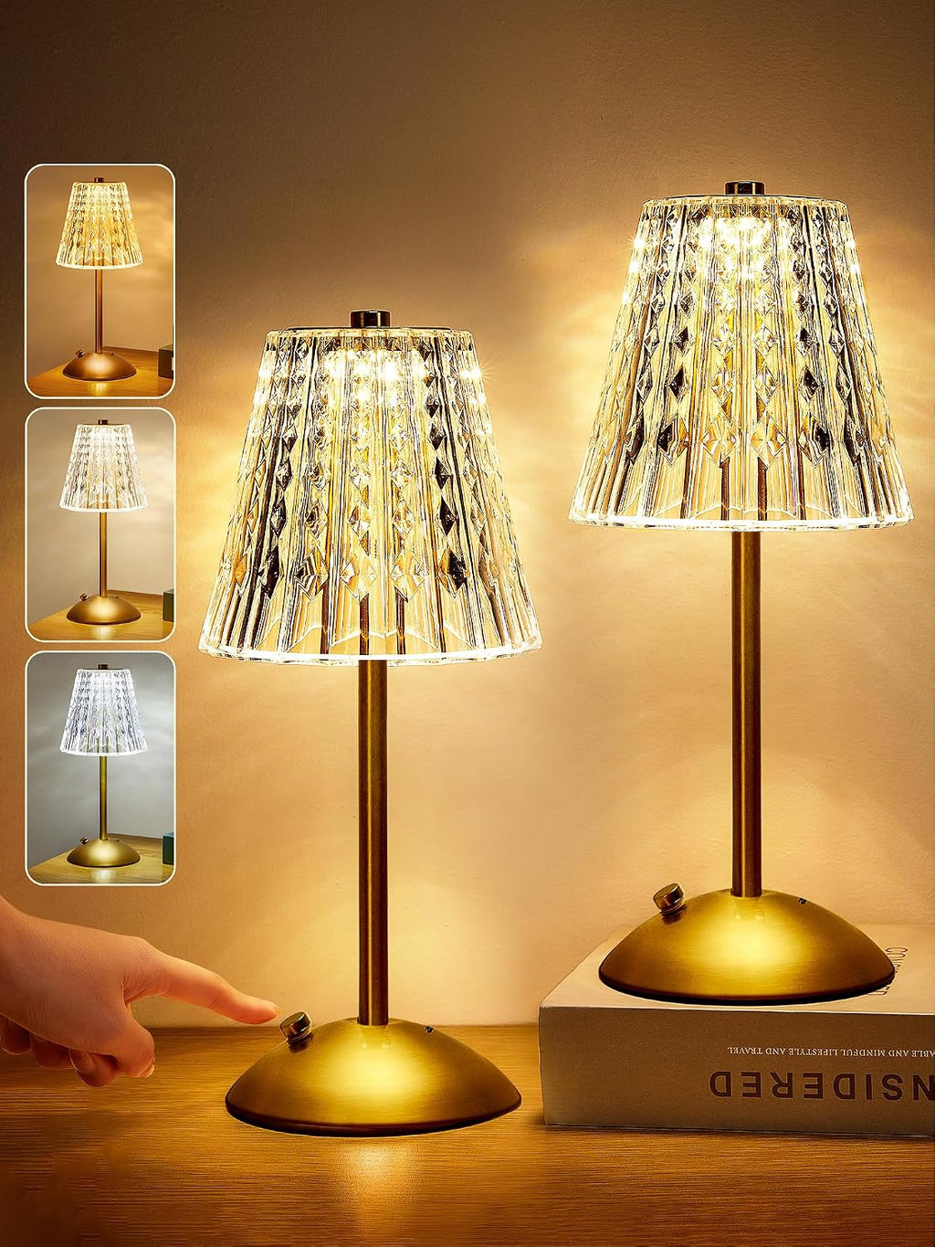 One Fire Nightstand Lamps Set of 2, Dimmable Crystal Table Lamp 3 Colors Gold Lamp, Touch Lamp Bedroom Lamps, Rechargeable Small Lamp…