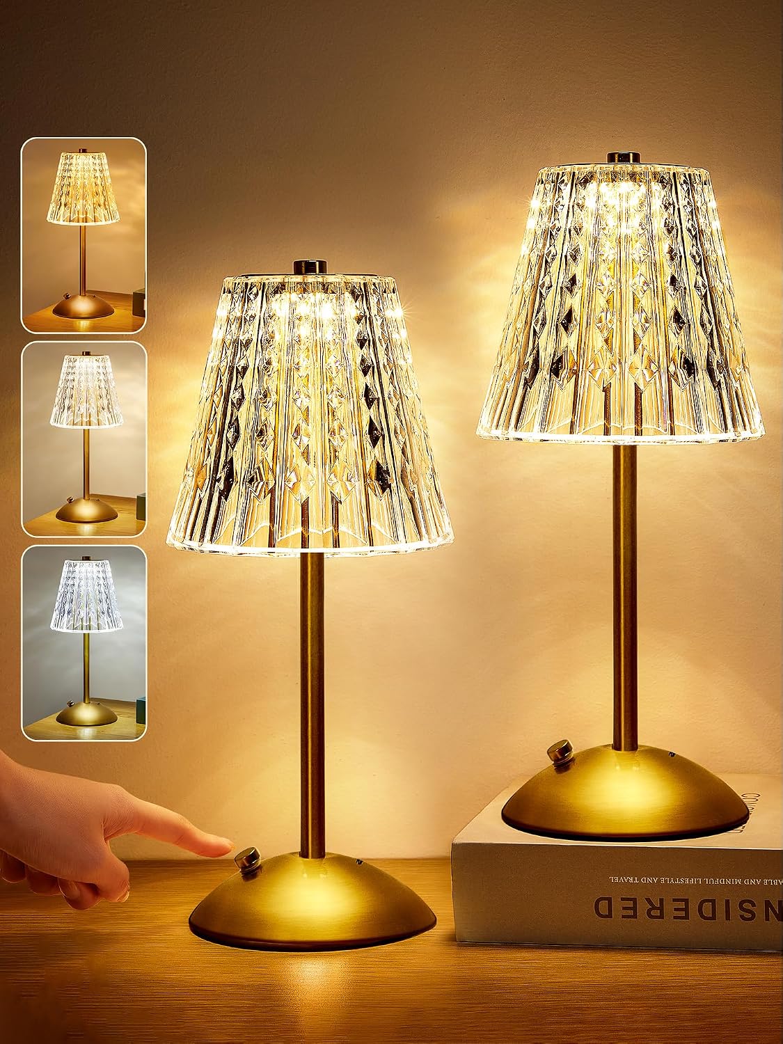 One Fire Nightstand Lamps Set of 2, Dimmable Crystal Table Lamp 3 Colors Gold Lamp, Touch Lamp Bedroom Lamps, Rechargeable Small Lamp…