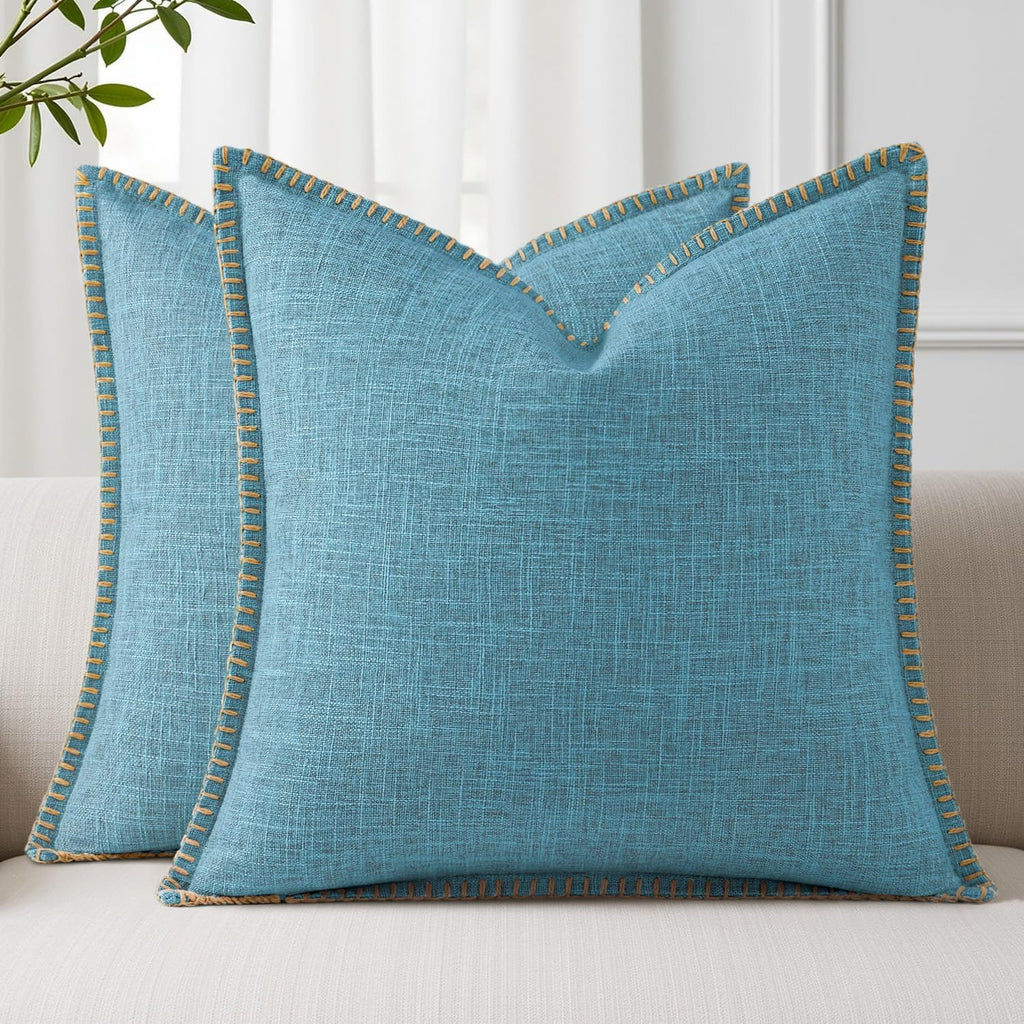 decorUhome Summer Decorative Throw Pillow Covers 22x22 Set of 2 Square Faux Linen Farmhouse Euro Sham Pillow Covers with Stitched Edge…
