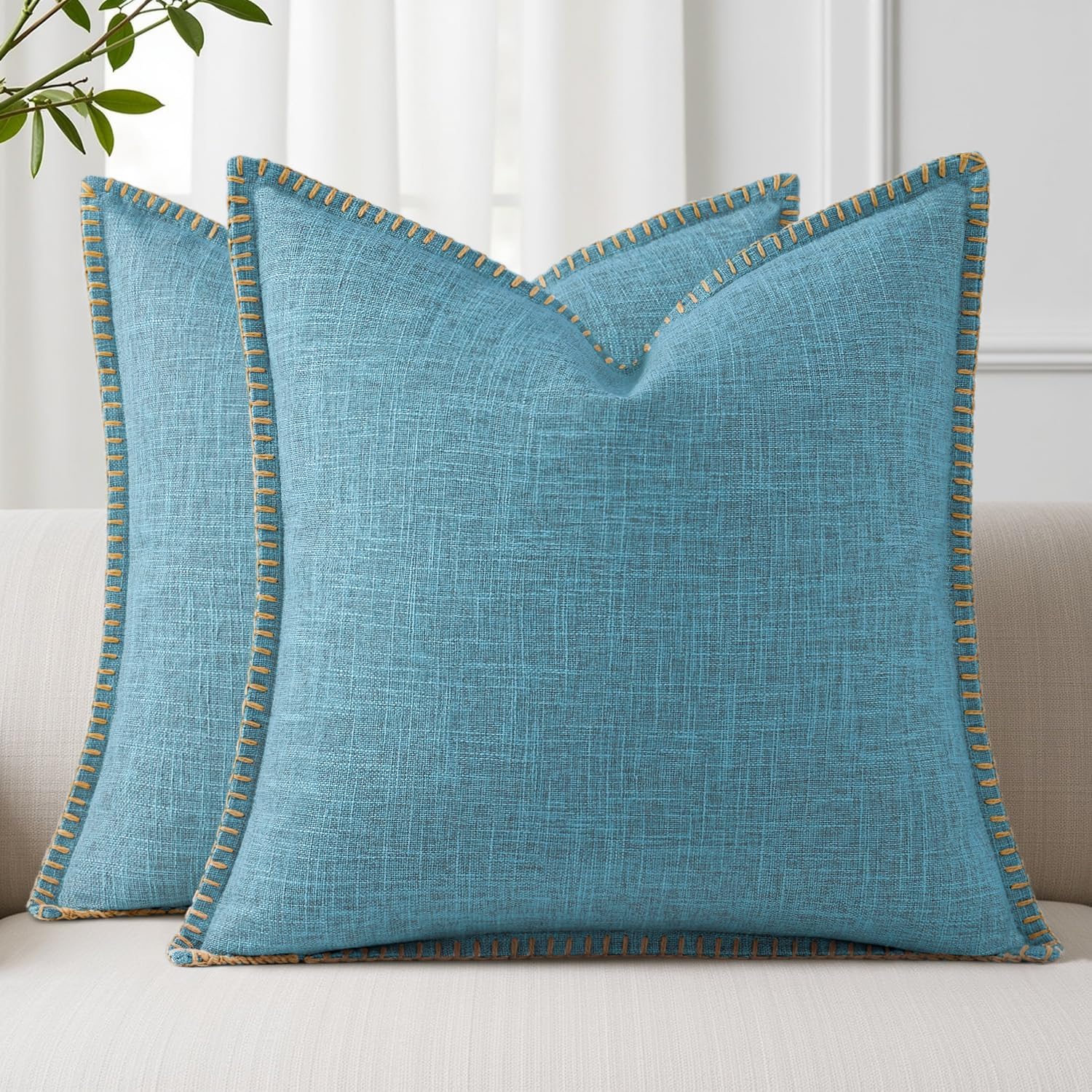 decorUhome Summer Decorative Throw Pillow Covers 22x22 Set of 2 Square Faux Linen Farmhouse Euro Sham Pillow Covers with Stitched Edge…