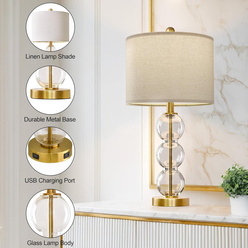 Oneach 25" Glass Table Lamps Set of 2, Gold Modern Table Lamps with USB Ports for Living Room, Linen Shade Bedside Lamps for Bedroom, Night…
