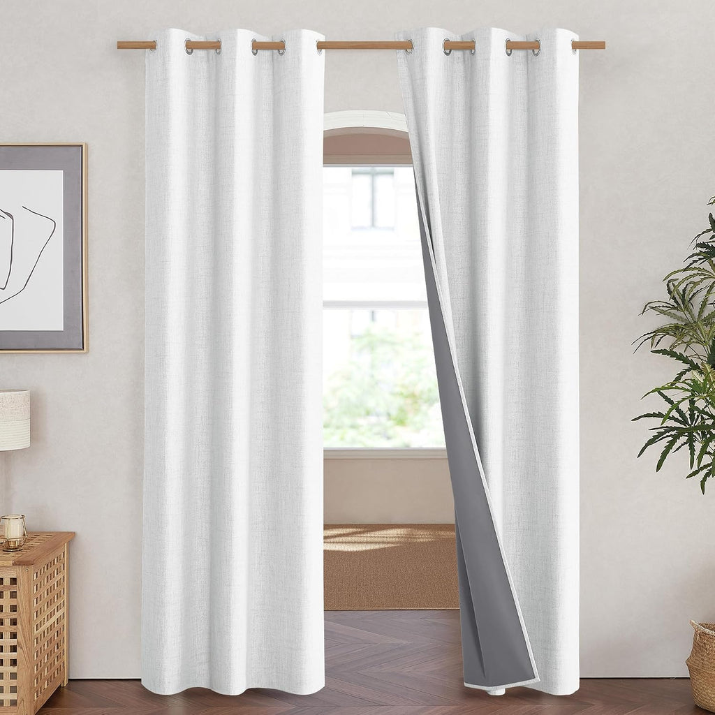 NICETOWN 100% Absolutely Blackout Linen Curtains with Thermal Insulated Liner, Greyish White, 42" Wide, 84" Length Energy Saving Curtains…
