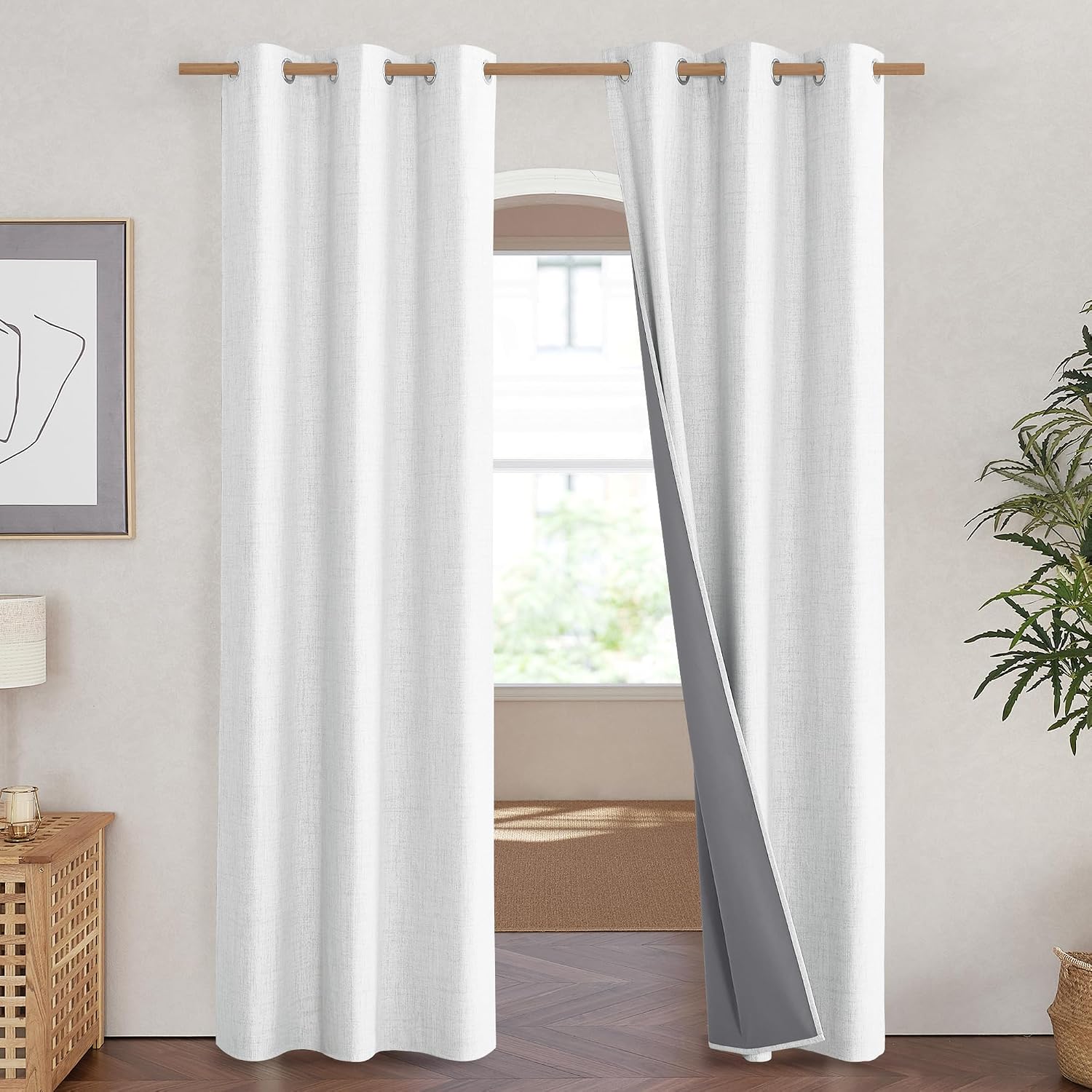NICETOWN 100% Absolutely Blackout Linen Curtains with Thermal Insulated Liner, Greyish White, 42" Wide, 84" Length Energy Saving Curtains…