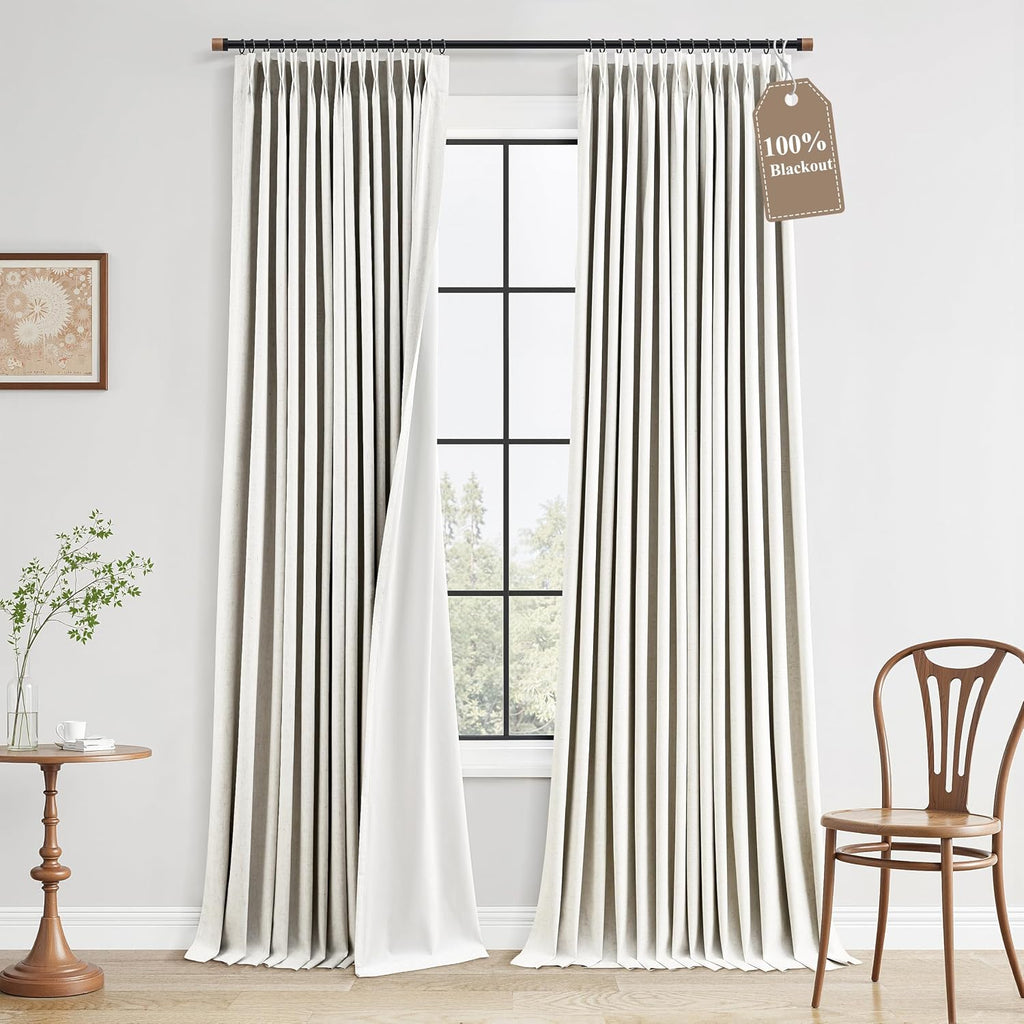 Boodii 100% Blackout Linen Pinch Pleated Curtains 112 Inch Extra Long 2 Panels Beige Room Darkening Thermal Insulated High Ceiling to Floor…