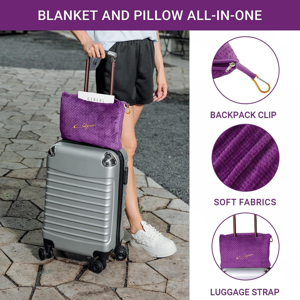 Travel Blanket Pillow-Premium Soft 2 in 1 Airplane Blanket for Long Trips Essentials with Bag Pillowcase, Hand Luggage Sleeve and…