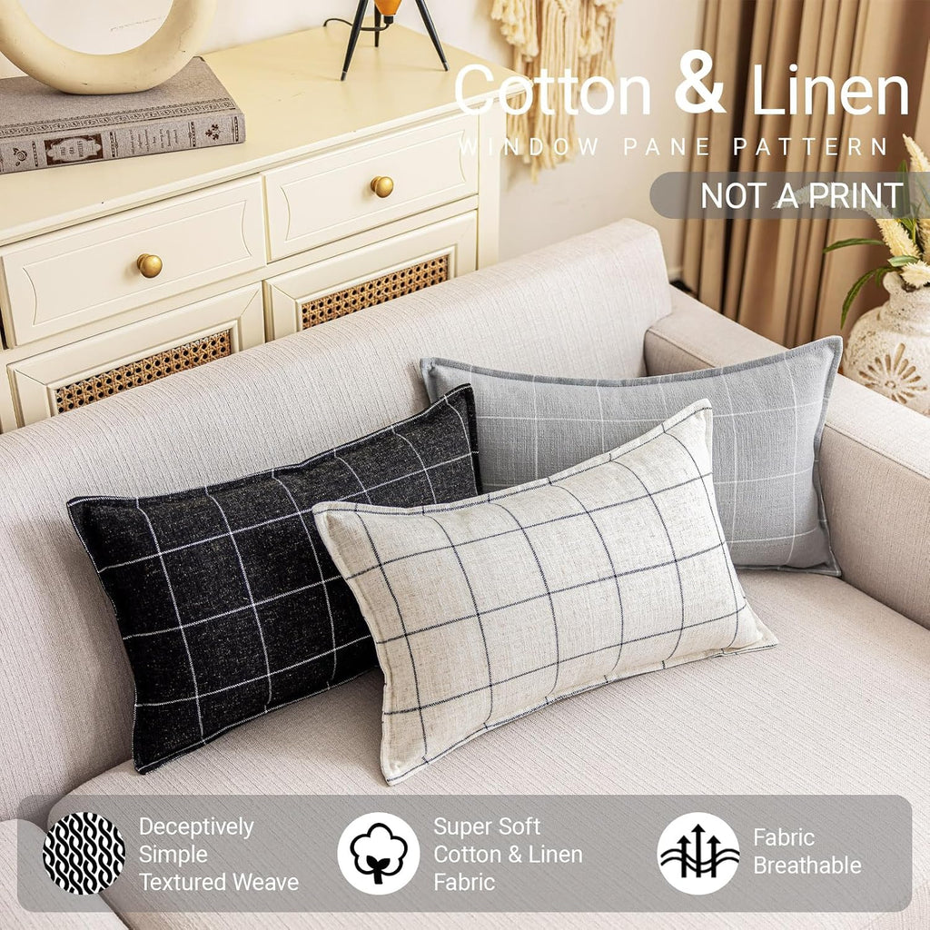 CARRIE HOME Cream White Plaid Boho Lumbar Pillow Covers 12x20 Set of 2, Farmhouse Decor Checkered Decorative Lumbar Pillows for Couch 12…