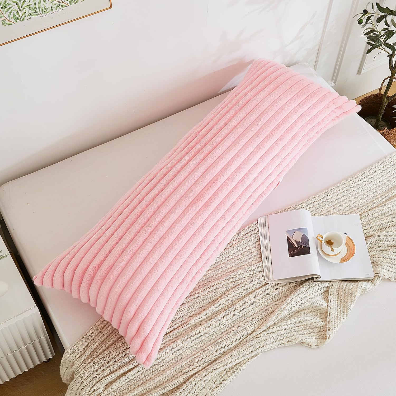 Memfydu Full Body Pillow with Fluffy Stripe Faux Fur Removable Cover, Long Bed Pillow Adult 20x54 Inches for Side Sleeper and Pregnancy, Pi…