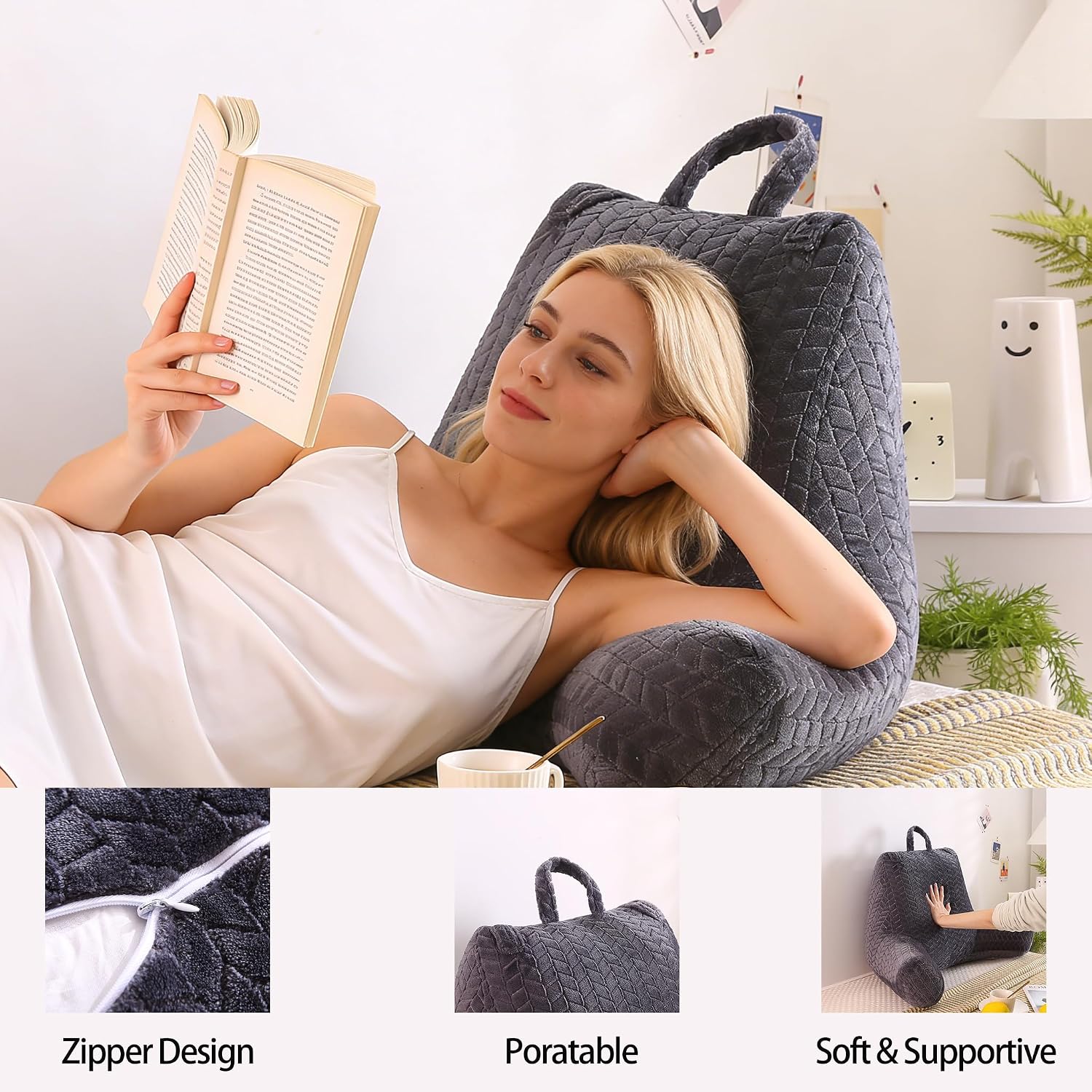Omcosmos Adult Bed Reading Pillow, Filled with Memory Foam Backrest Pillow, with Armrests to Support the Back and Arms, Suitable for…