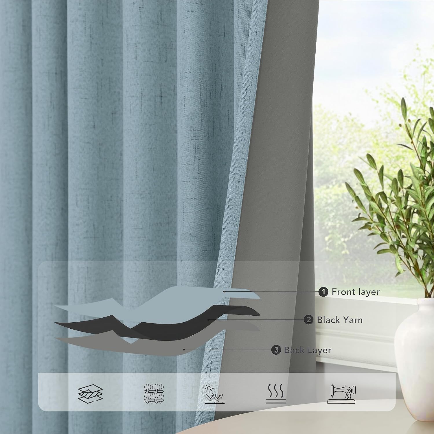 Pitalk Light Blue Curtains for Bedroom 63 Inch Length 2 Panels Neutral Linen Textured Full Blackout Room Darkening Noise Reducing Curtain f…
