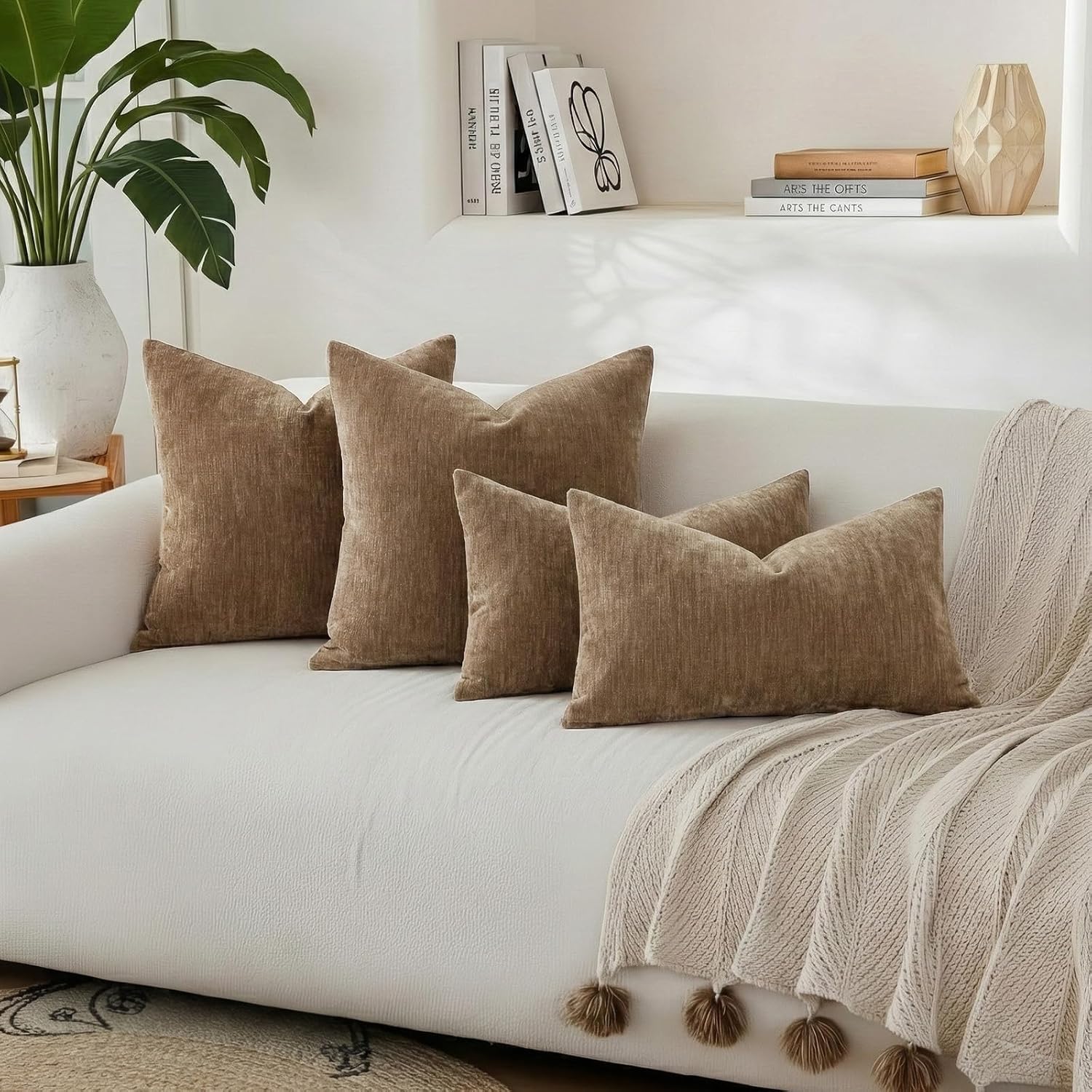 decorUhome Chenille Brown Throw Pillow Covers 22x22 Inch Set of 2, Decorative Soft Couch Pillow Covers Solid Dyed Accent Farmhouse Neutral…