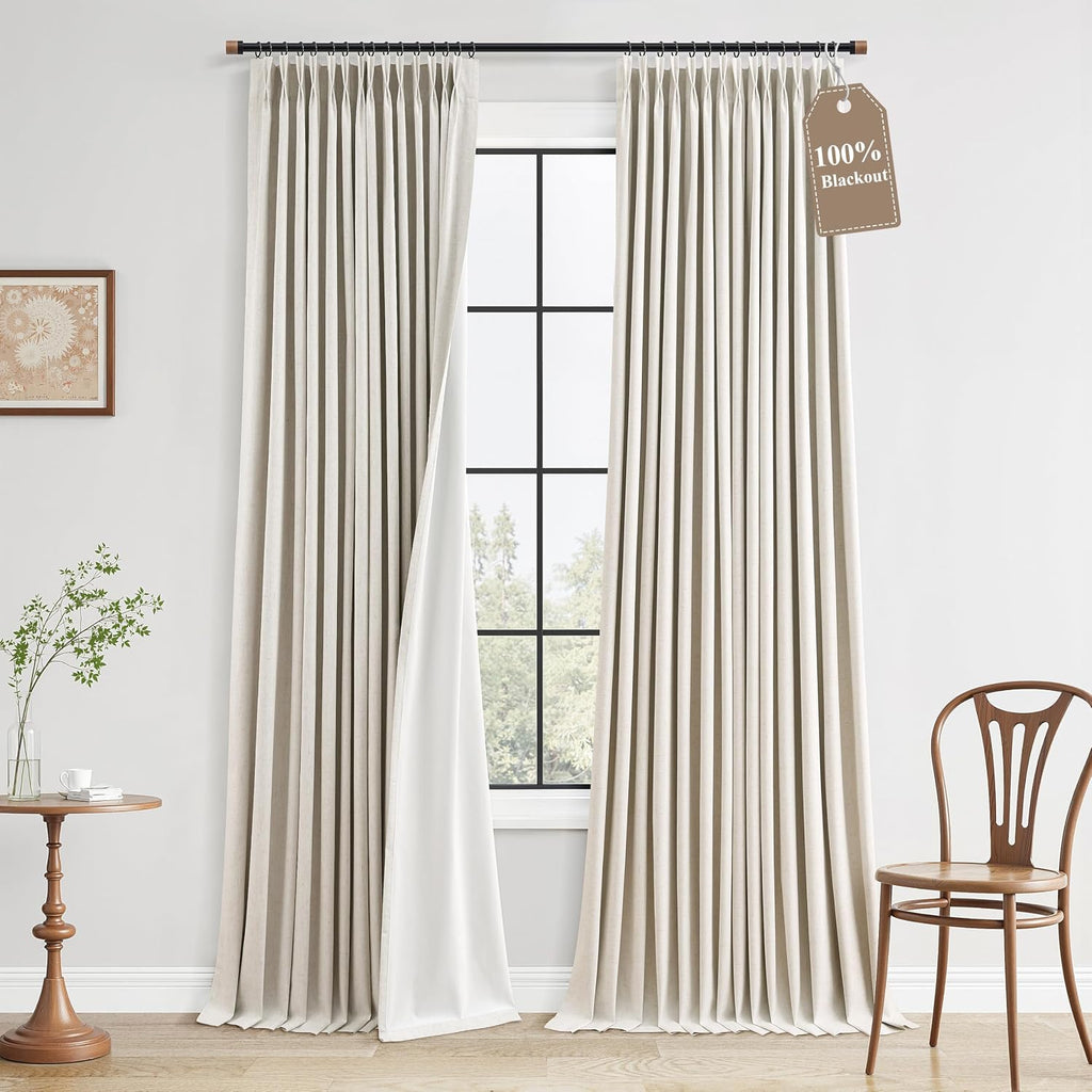 Boodii Natural Cream 100% Black Out Pinch Pleated Linen Curtains 105 Inch 2 Panels for Living Room Bedroom Thermal Insulated Full Blackout…