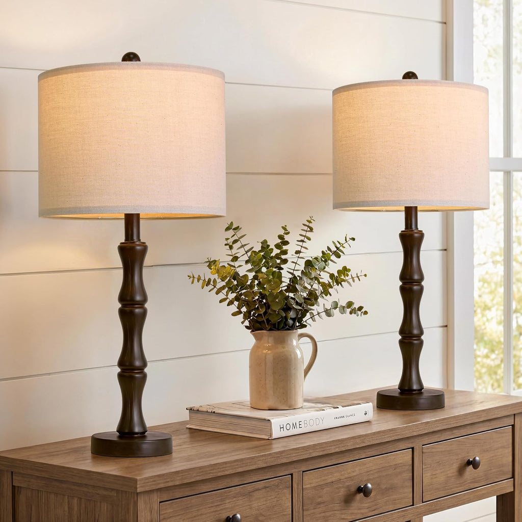 BOBOMOMO 25" Classic Table Lamps Set of 2, Farmhouse Nightstand Lamps with Dark Brown Resin Base & Linen Shade, Standard Table Lamps for…