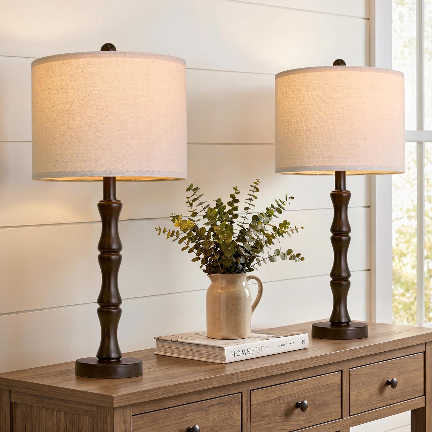 BOBOMOMO 25" Classic Table Lamps Set of 2, Farmhouse Nightstand Lamps with Dark Brown Resin Base & Linen Shade, Standard Table Lamps for…