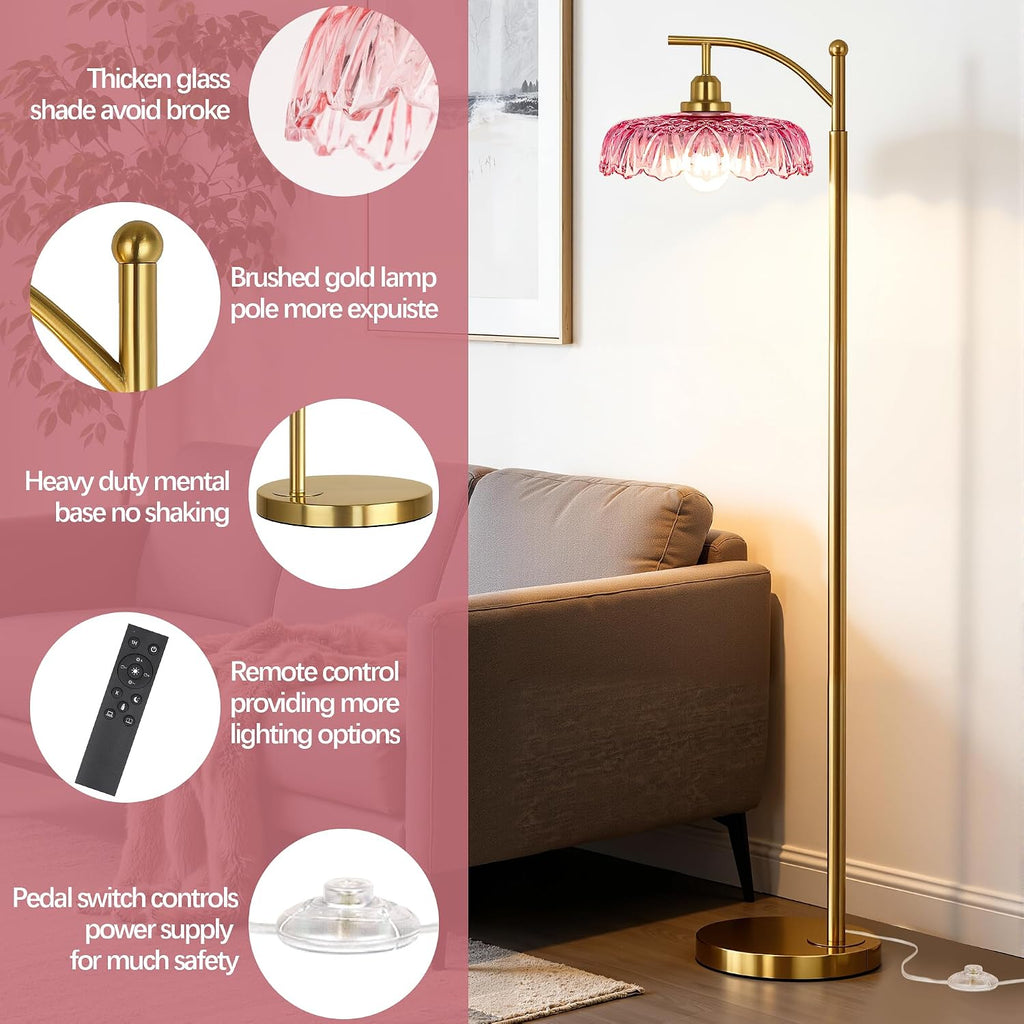 Gold Floor Lamp for Living Room, Dimmable Mid Century Modern Standing Lamp with Remote Control and Pink Glass Shade, 68" Tall Lamp for…