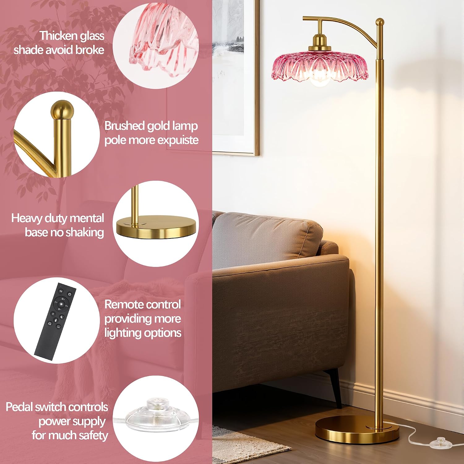 Gold Floor Lamp for Living Room, Dimmable Mid Century Modern Standing Lamp with Remote Control and Pink Glass Shade, 68" Tall Lamp for…